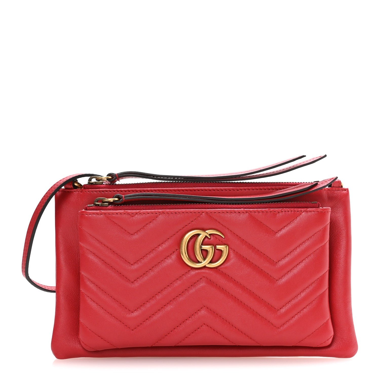 Gucci Calfskin Matelasse Small GG Marmont Double Zip Shoulder Bag Hibiscus Red