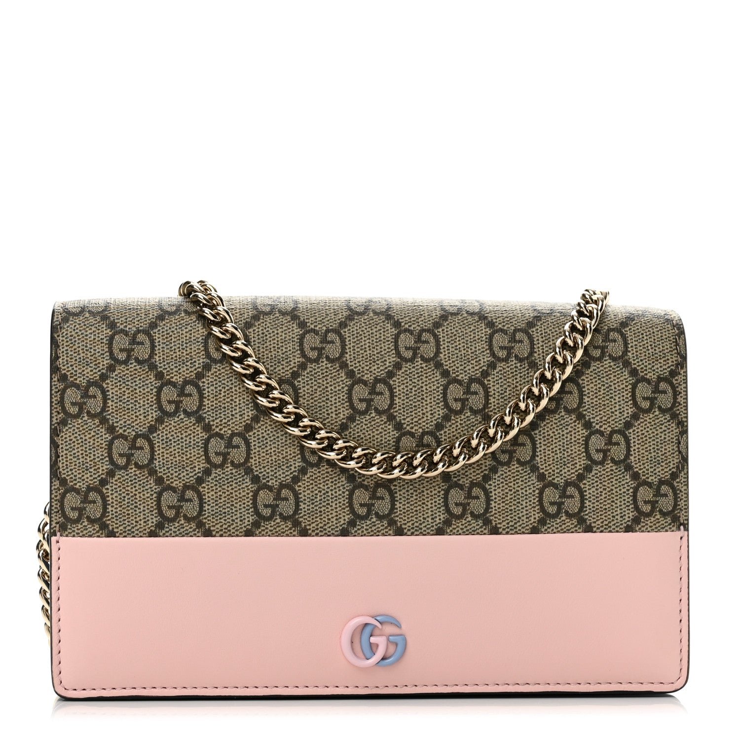 Gucci GG Supreme Monogram Textured Dollar Calfskin Mini GG Marmont Chain Wallet Light Pink Blue Beige