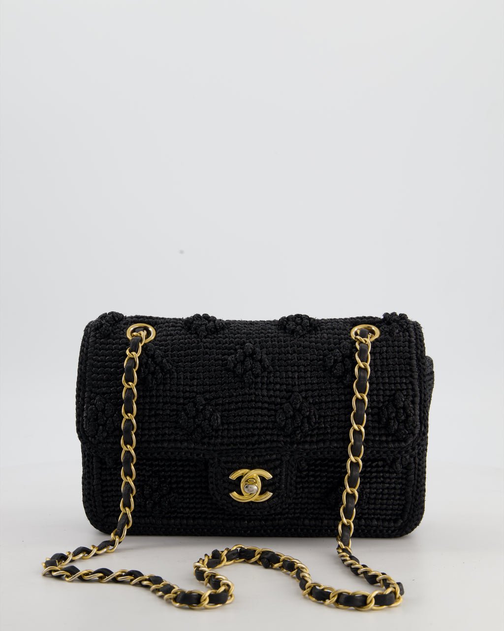 *HOT* Chanel Black Crocheted Raffia Small Single Flap Cross-Body Bag with Antique Gold Hardware
