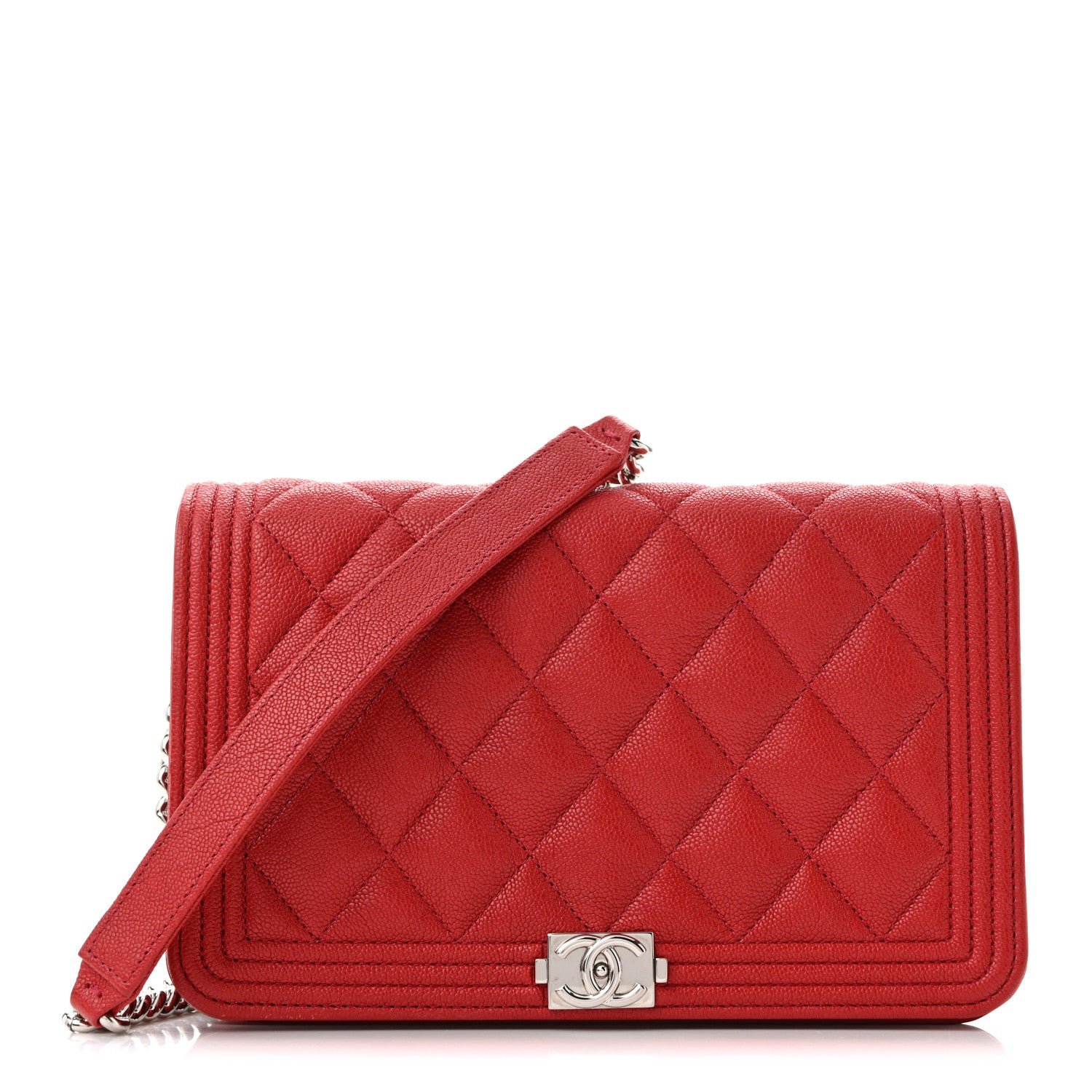 Chanel Caviar Quilted Boy Wallet On Chain WOC Red
