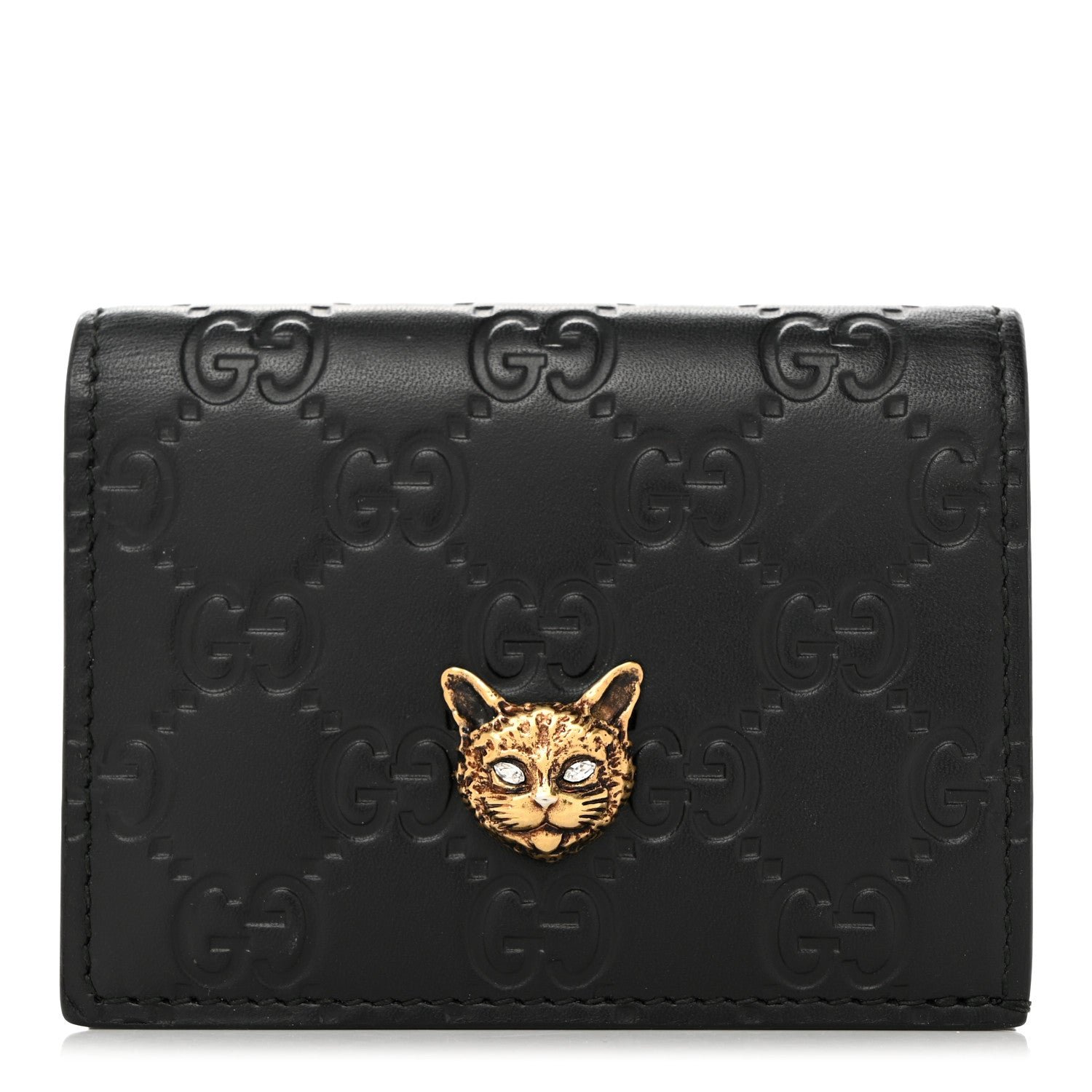 Gucci Guccissima Signature Crystal Cat Card Case Wallet Black