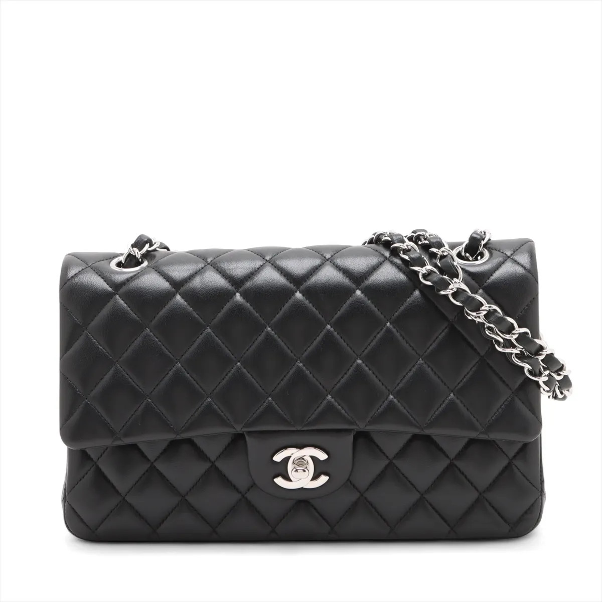 Chanel Matelasse 25 Lambskin Double Flap Double Chain Bag Black Silver Metal Fit