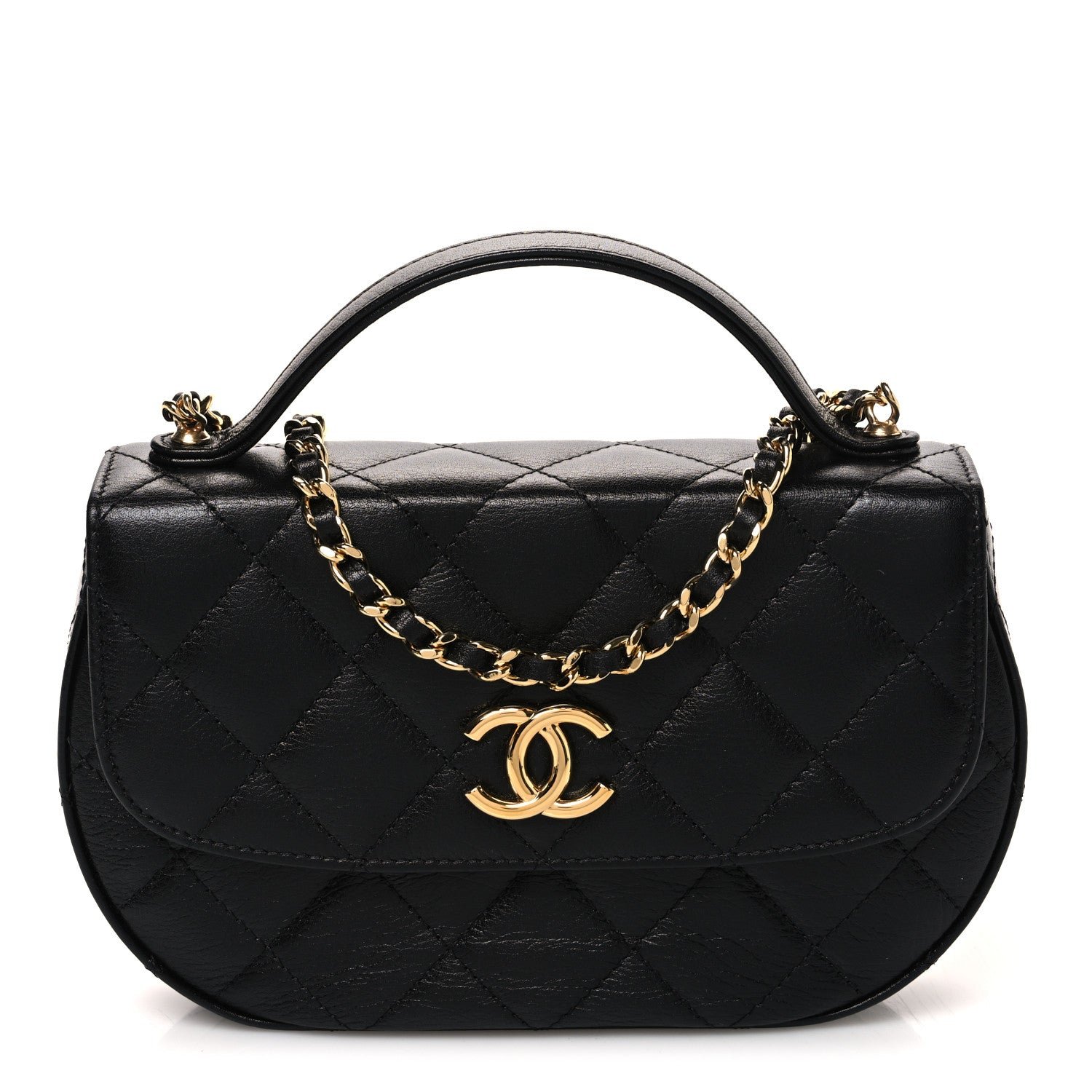 Chanel Shiny Aged Calfskin Quilted Top Handle Clutch With Chain Black