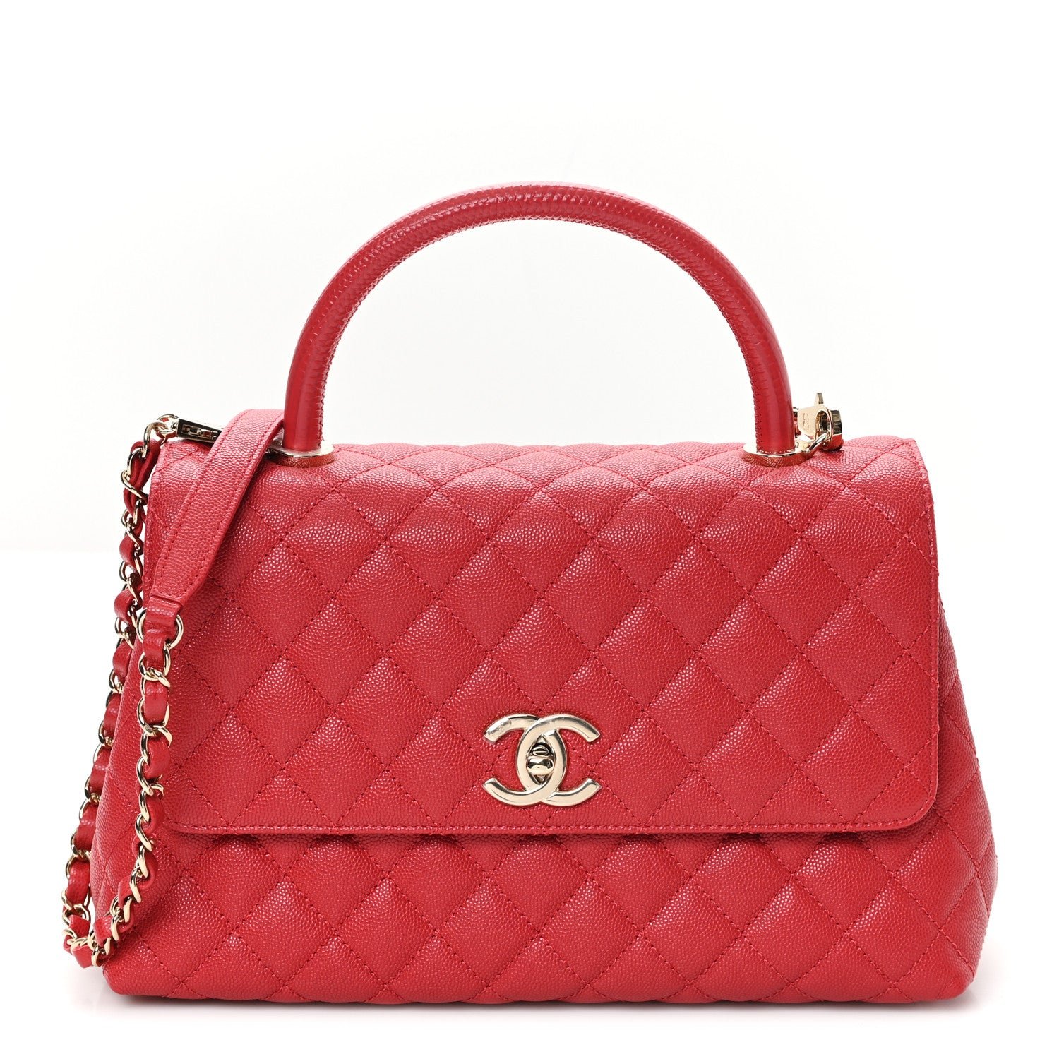 Chanel Caviar Quilted Lizard Embossed Small Coco Handle Flap Red