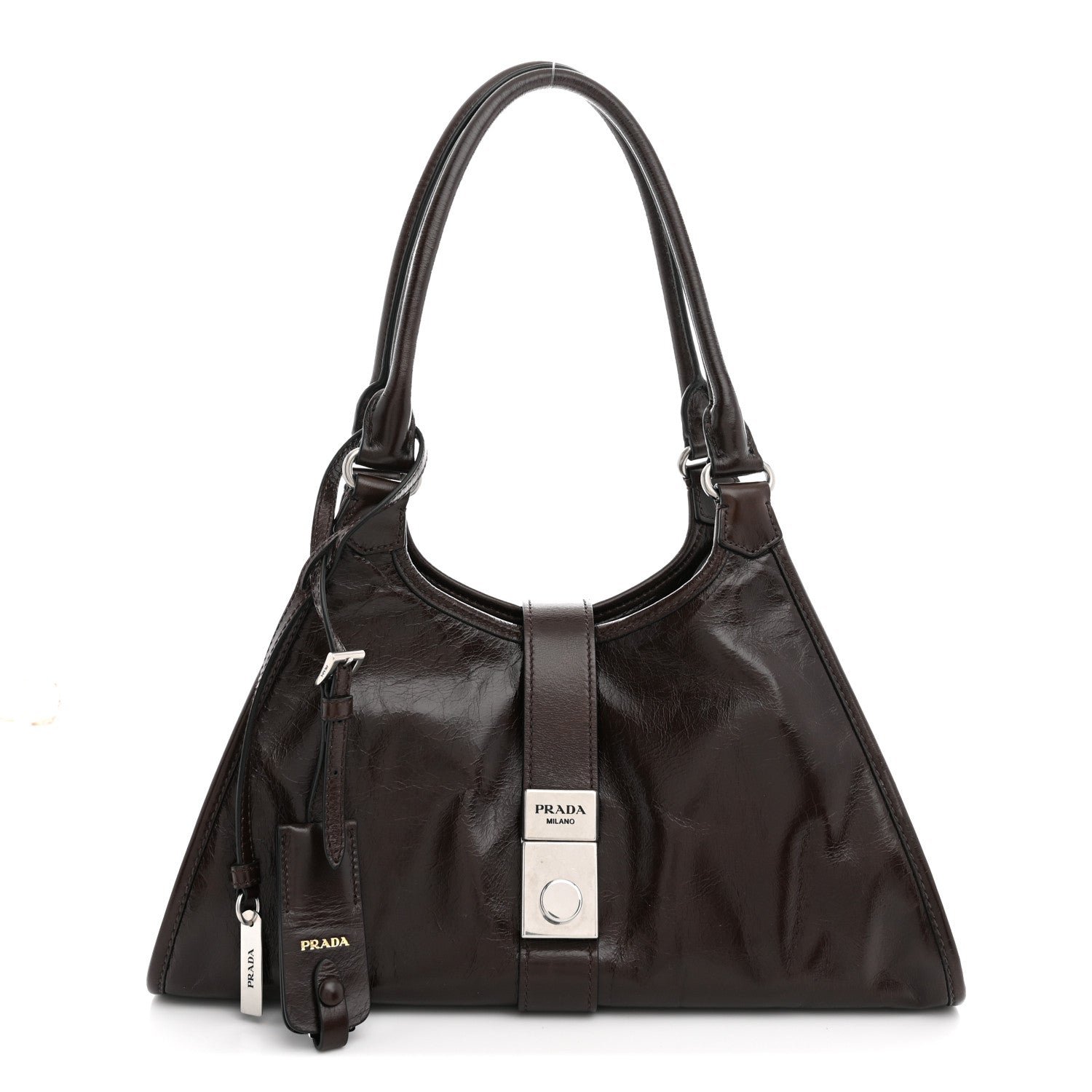 Prada Glossy Calfskin Medium Tote Bag Dark Brown