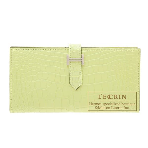 Hermes Bearn Soufflet Jaune bourgeon Matt alligator crocodile skin Silver hardware