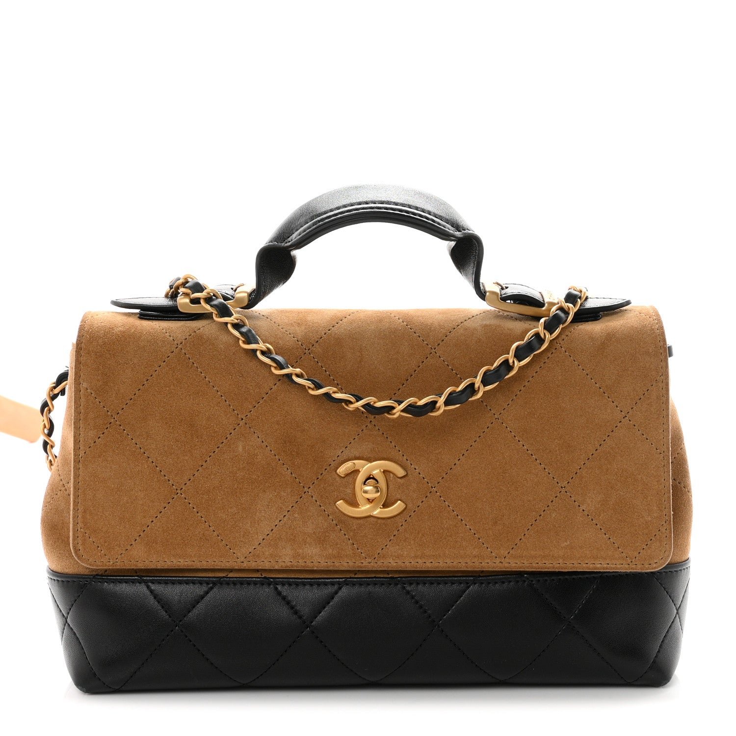 Chanel Suede Calfskin Shiny Lambskin Quilted Coco Base Flap Top Handle Bag Beige Black