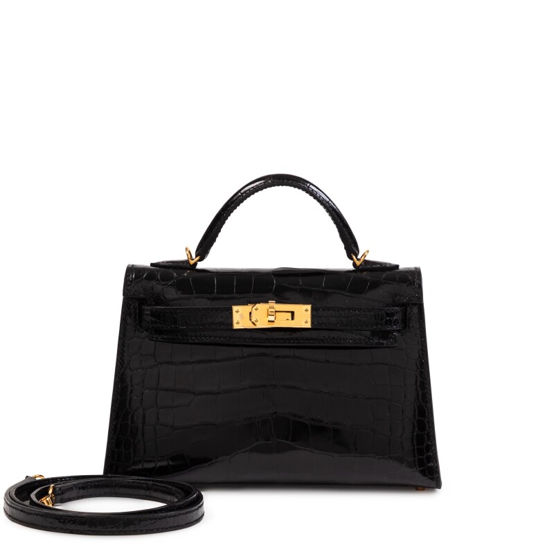 Hermes Hermès • Black Shiny Mississippiensis Alligator Mini Kelly II 20 Gold Hardware, 2023