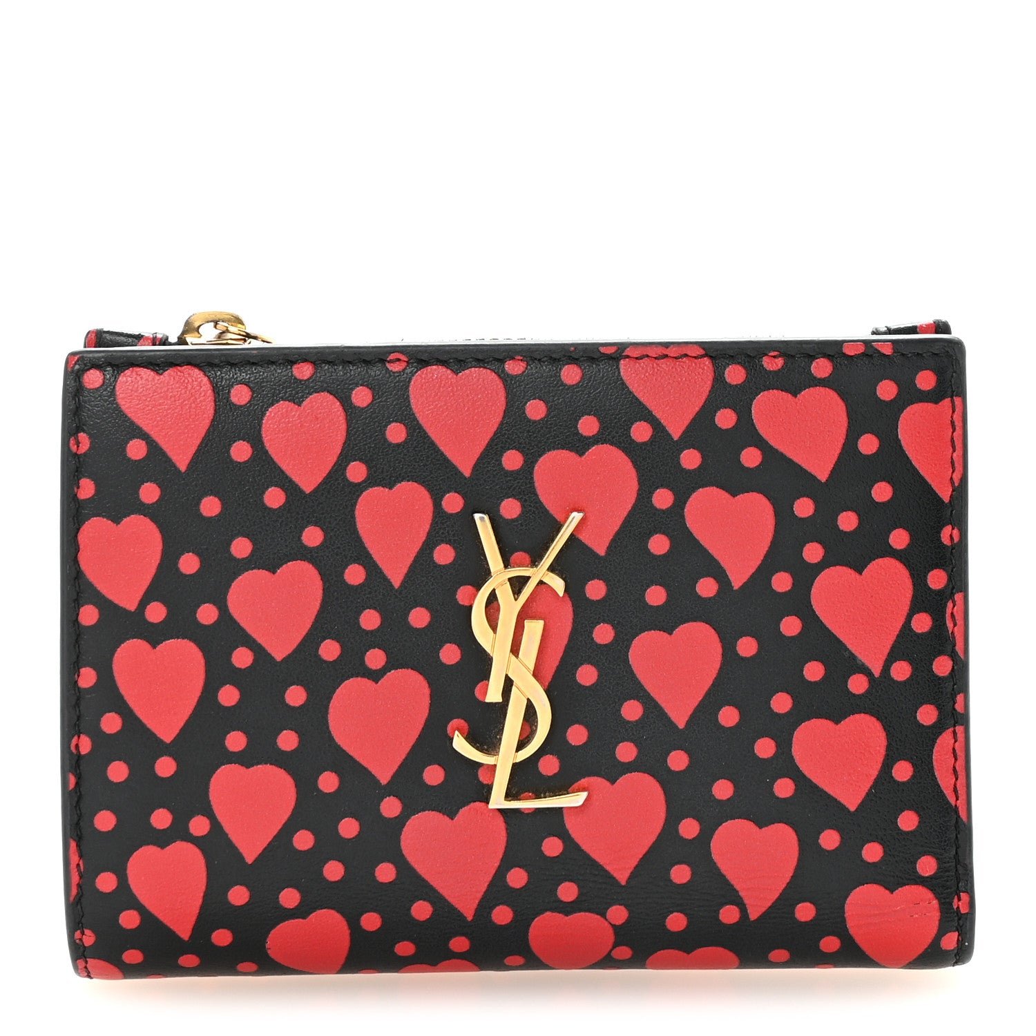 Saint Laurent Calfskin Heart Print Monogram Fragments Wallet Black Red