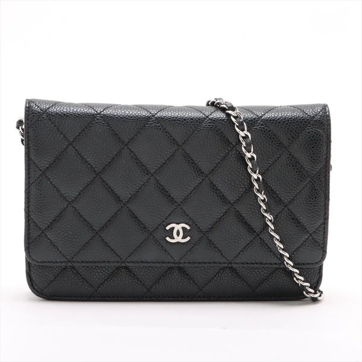 Chanel Matelasse Caviar Skin Chain Wallet Black Silver Metal Fittings random pla