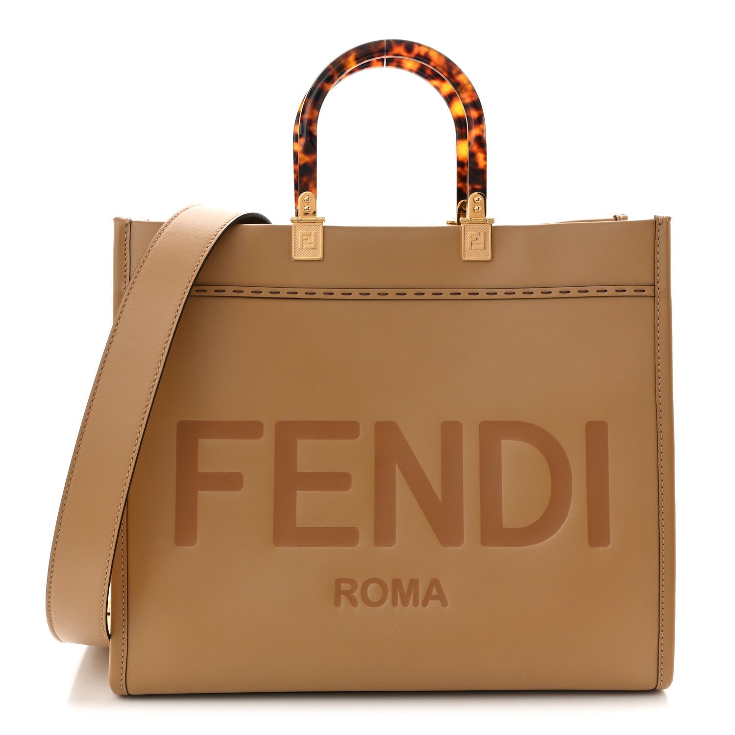 Fendi Vitello King Plexiglass Logo Embossed Medium Fendi Sunshine Shopper Tote Miele Scuro