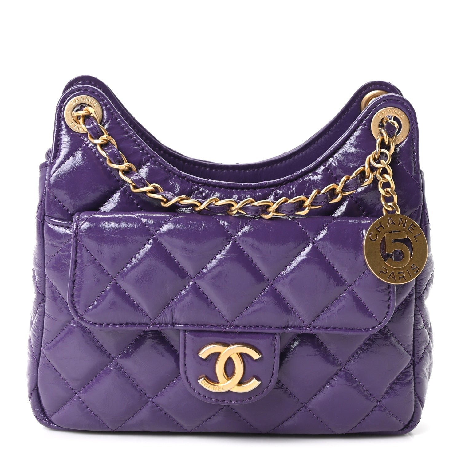 Chanel Shiny Crumpled Calfskin Quilted Small Wavy CC Hobo Purple