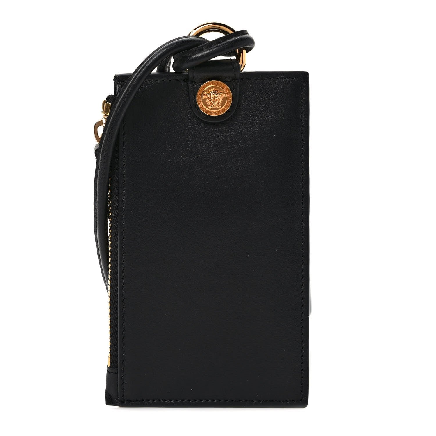 Versace Calfskin Medusa Lanyard Zip Pouch Card Holder Black