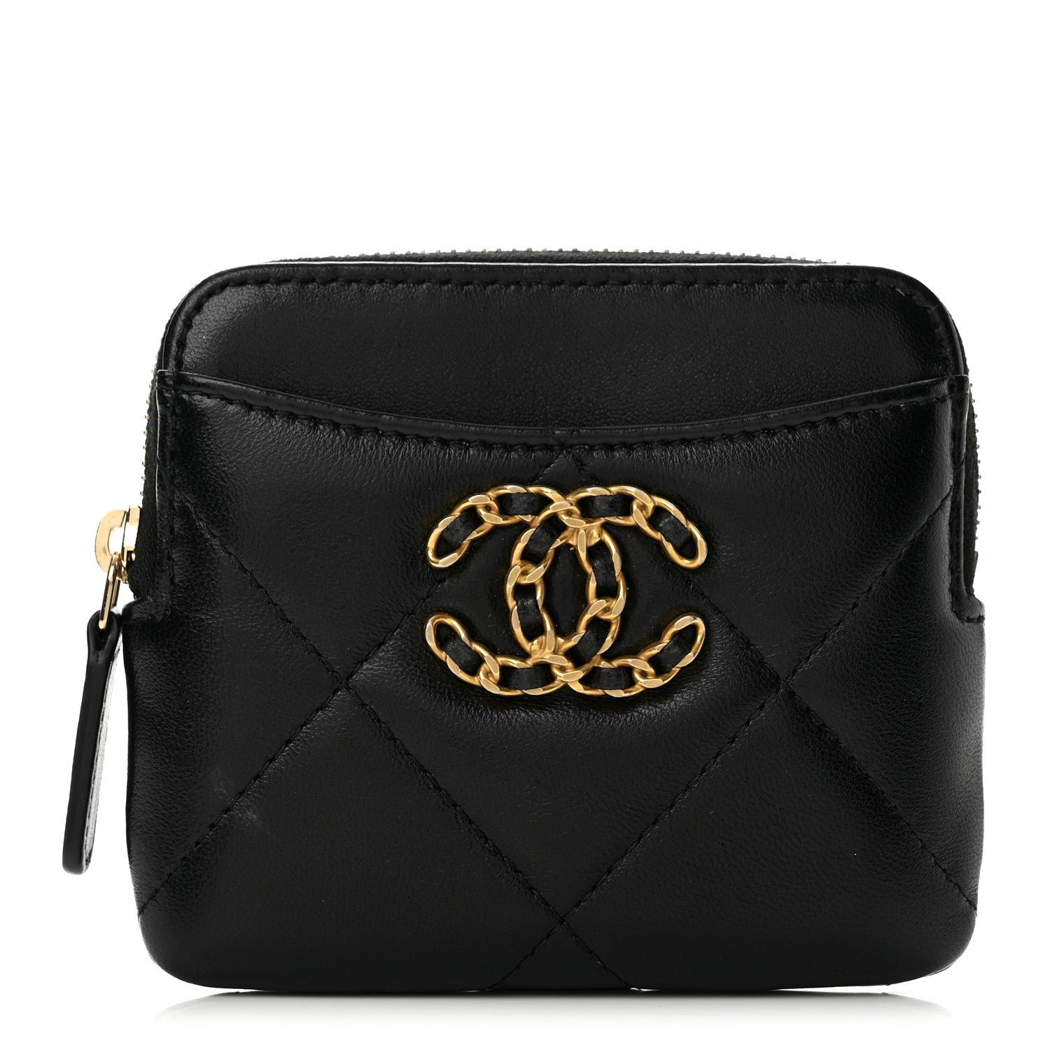 Chanel Lambskin Quilted Chanel 19 Zip Card Holder Wallet Black