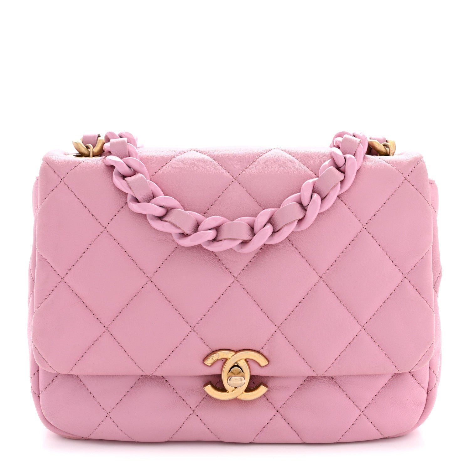 Chanel Lambskin Quilted Small Lacquered Chain Flap Pink