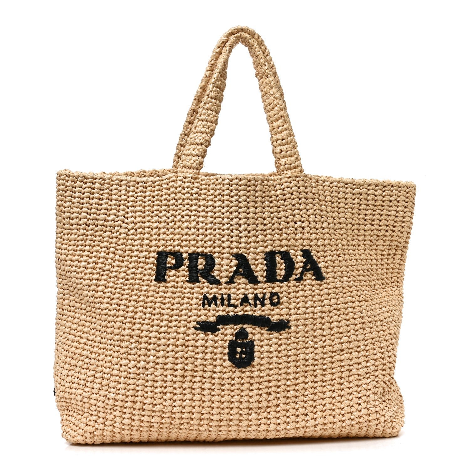 Yarn Raffia Effect Crochet Embroidered Logo Tote Naturale