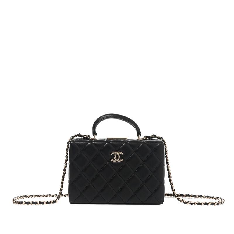 Chanel Black Quilted Lambskin Top Handle Clutch With Chain Gold Hardware