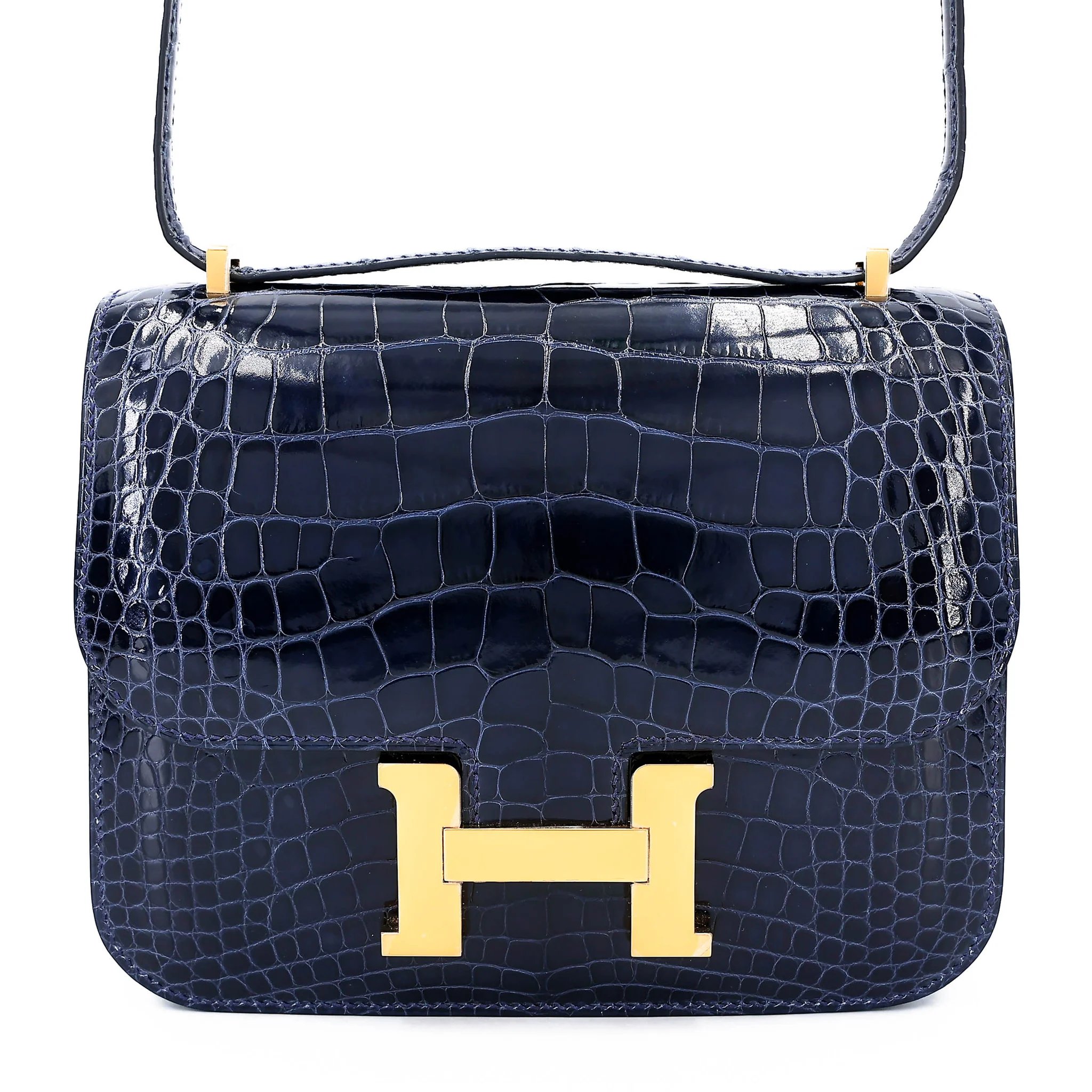 Excellent ( Rank SA ) HERMÈS Constance Mini Bleu Saphir (73) Shiny Alligator Gold hardware U (2022)