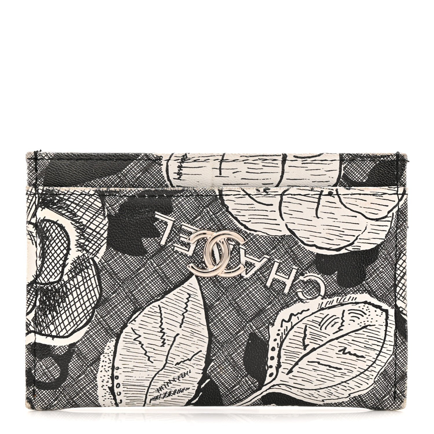 Chanel Coated Canvas Lambskin Quilted Camellia Card Holder Black White