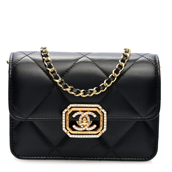 Chanel Calfskin Strass Quilted Clutch With Chain Flap Black
