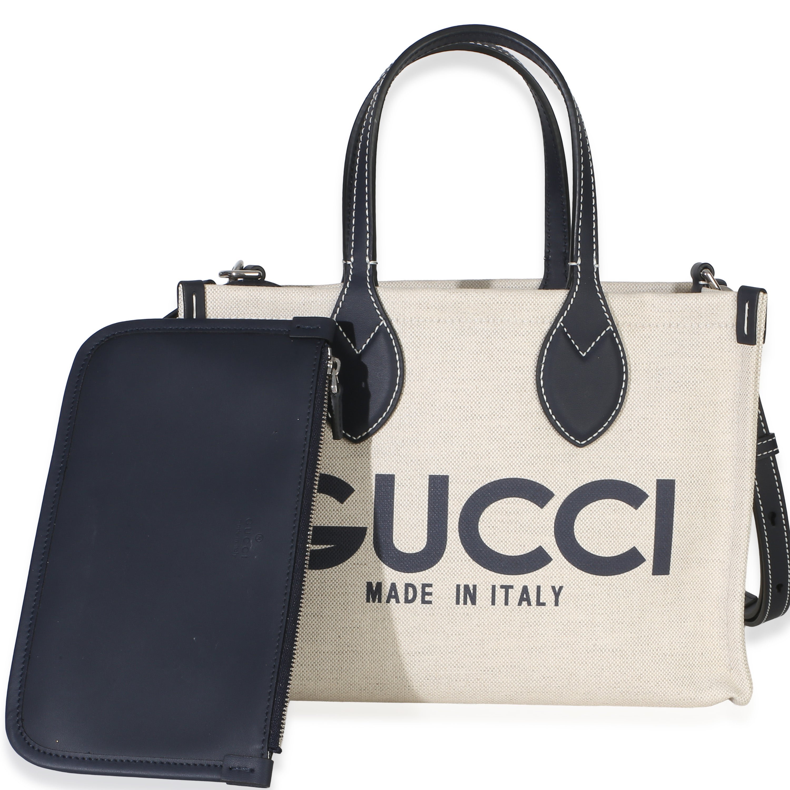 Navy Canvas Calfskin Logo Print Mini Tote
