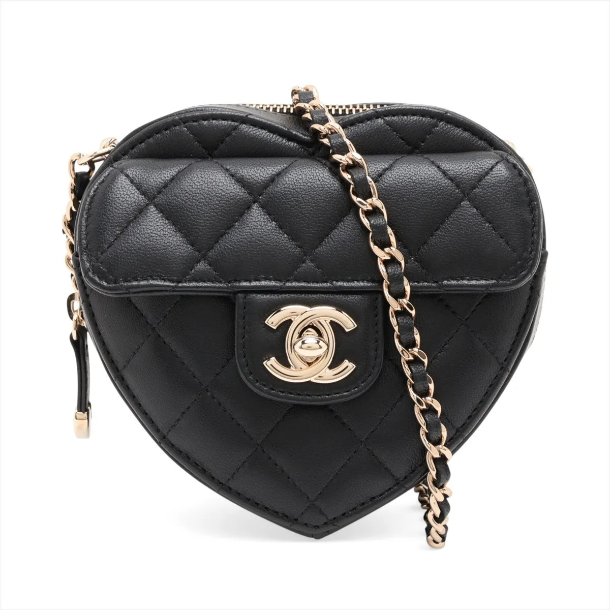 Chanel Matelasse Lambskin Chain Shoulder Bag hearts Black Gold Metal Fittings 31