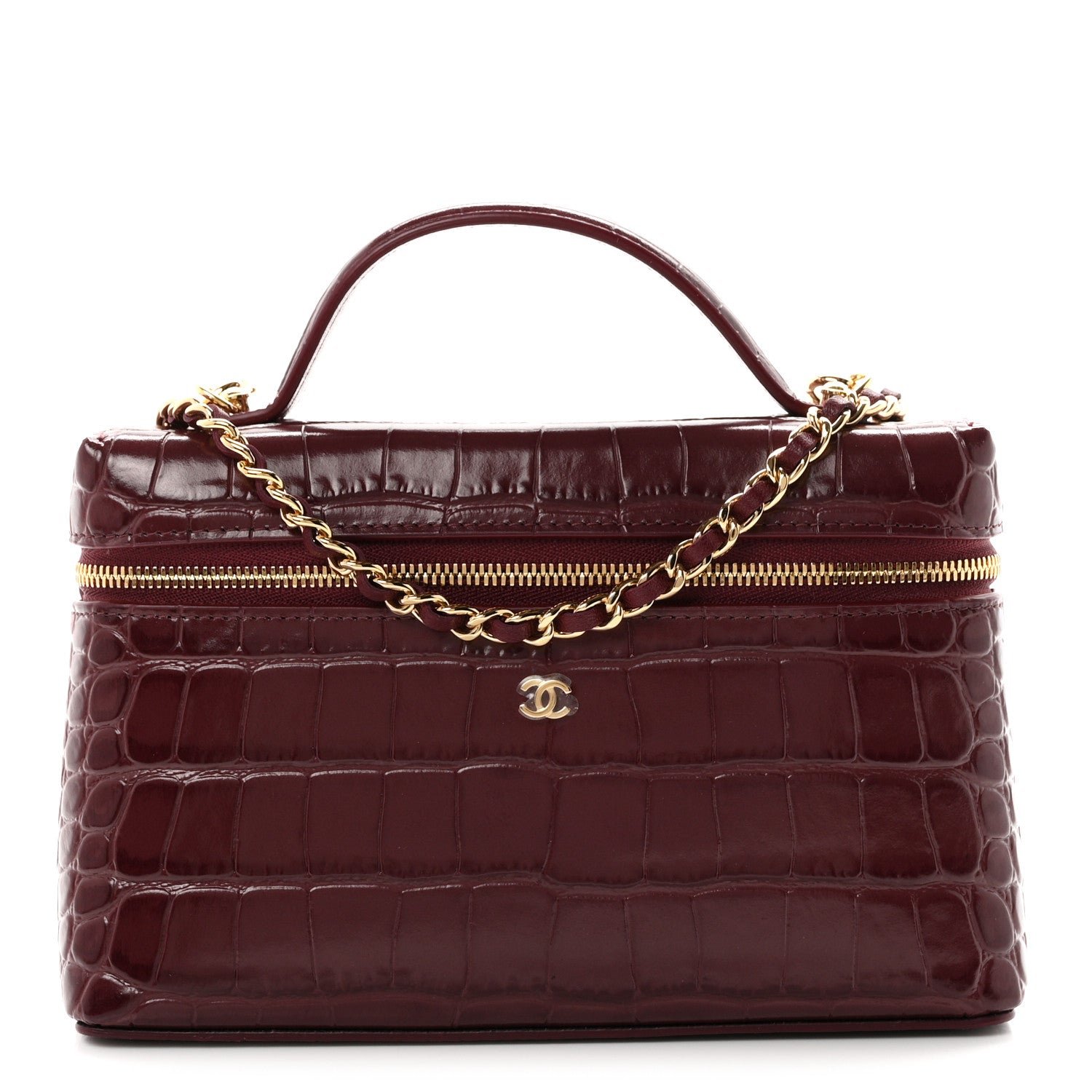 Chanel Calfskin Crocodile Embossed Top Handle Vanity Case With Chain Dark Burgundy