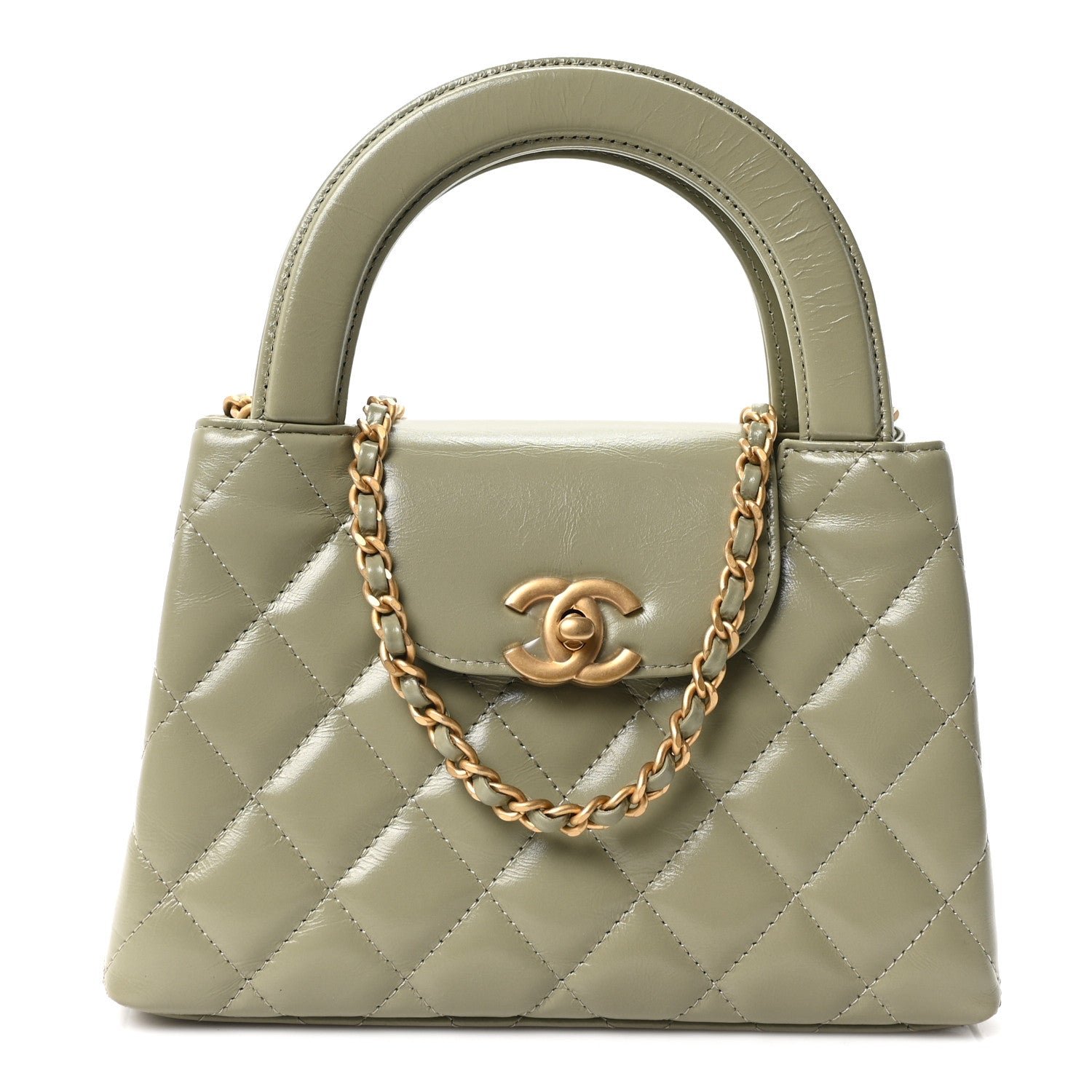 Chanel Shiny Aged Calfskin Quilted Nano Kelly Shopper Khaki