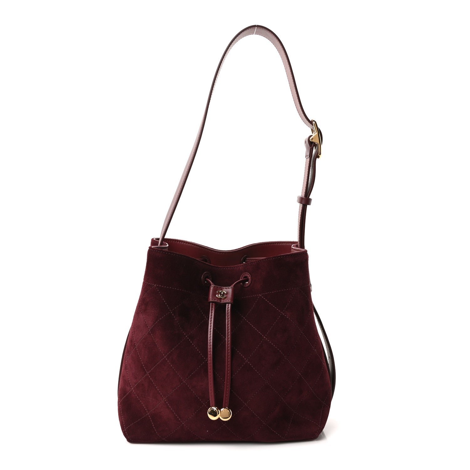 Chanel Suede Quilted Bucket Bag Burgundy