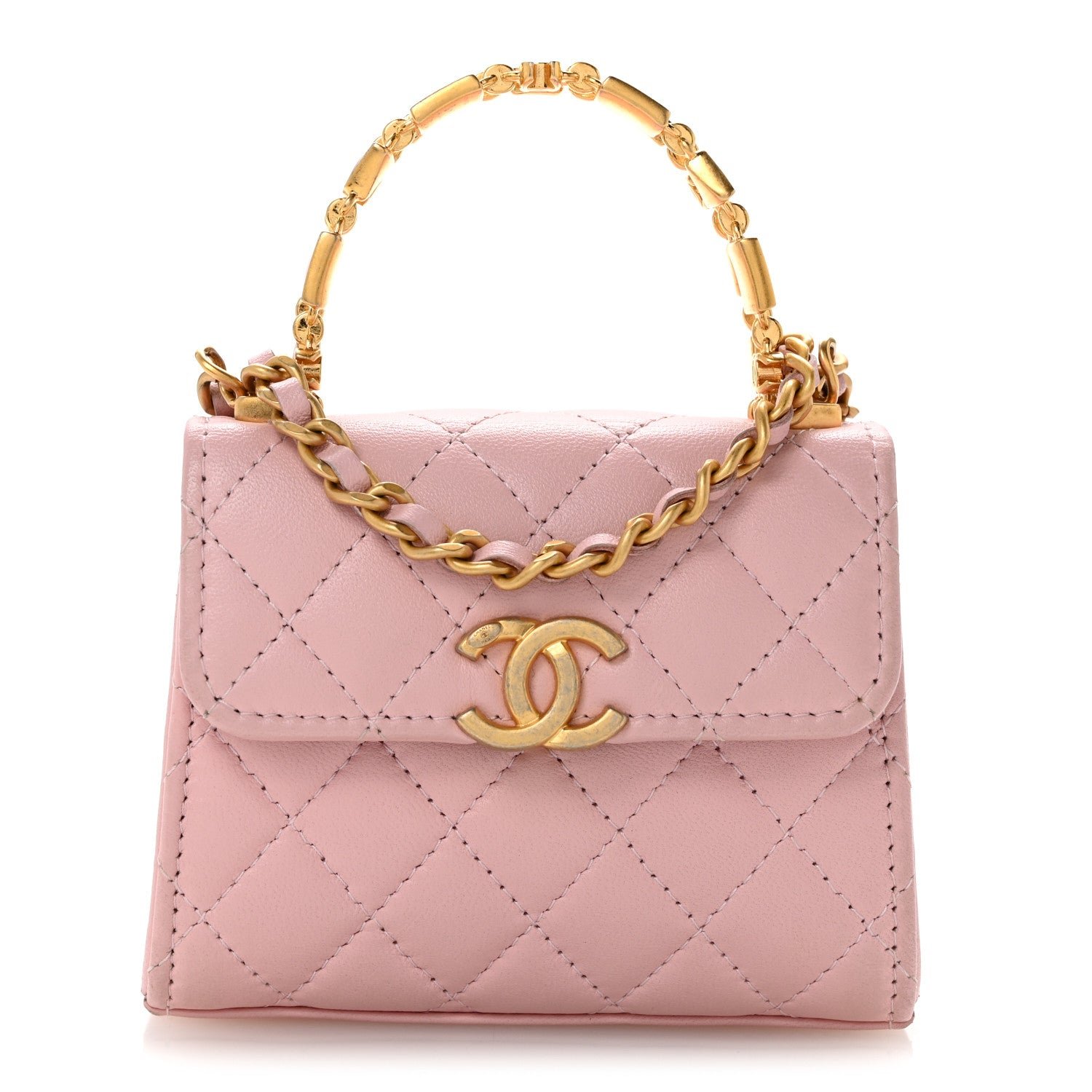 Chanel Lambskin Enamel Quilted Mini Top Handle Flap Pink