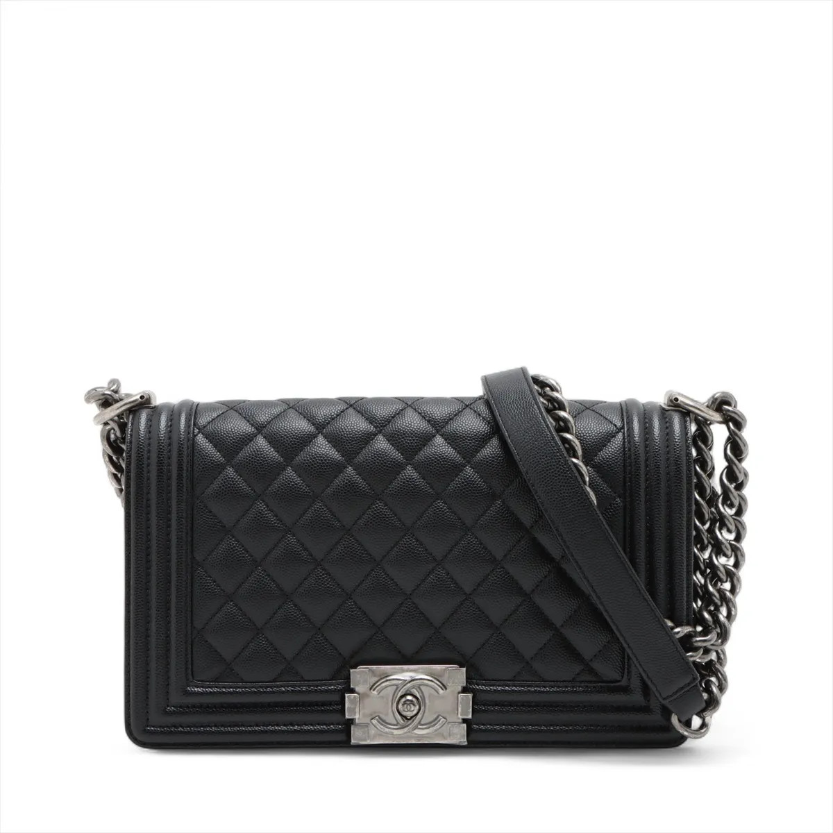 Chanel BOY CHANEL 25 Caviar Skin Chain Shoulder Bag Black Gunmetal Fittings rand