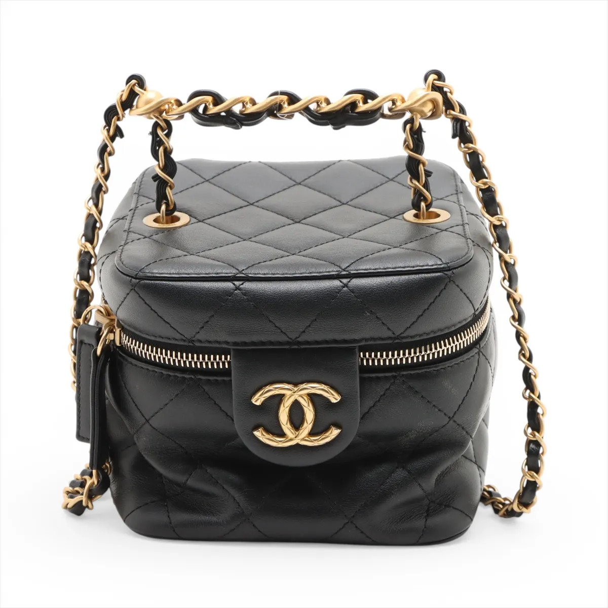Chanel Matelasse Lambskin 2 Way Shoulder Bag Vanity Black Gold Metal Fittings ra