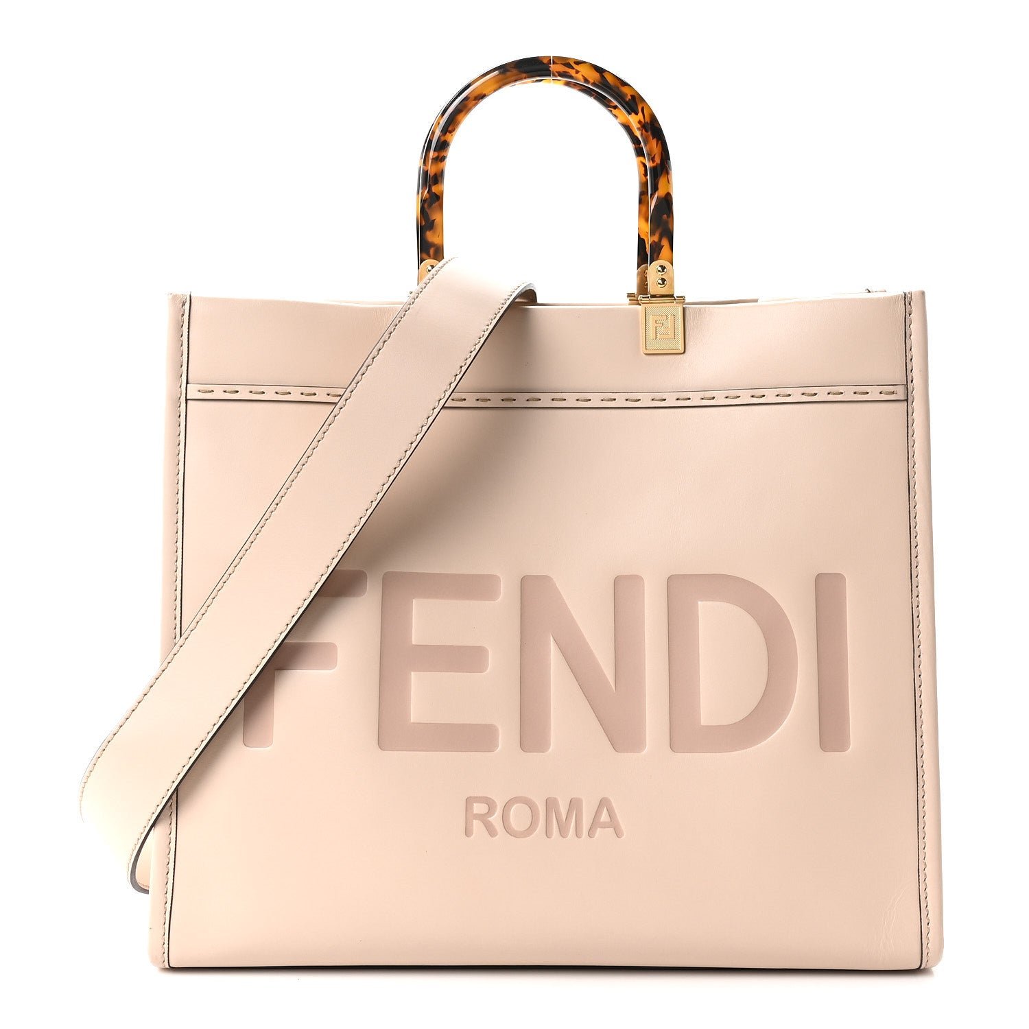 Fendi Vitello King Plexiglass Logo Embossed Medium Fendi Sunshine Shopper Tote Light Rose