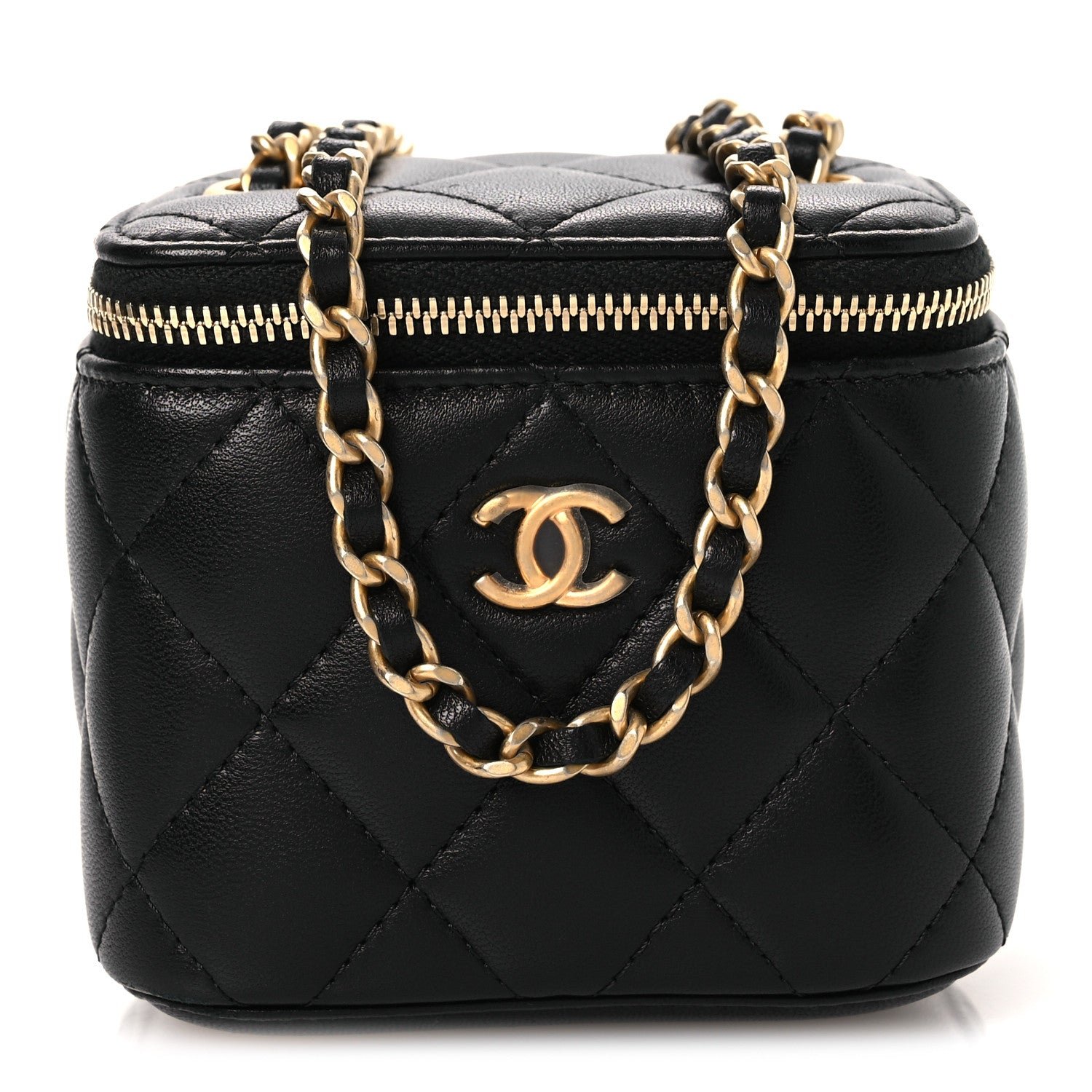 Chanel Lambskin Quilted Mini Pearl Crush Vanity Case With Chain Black