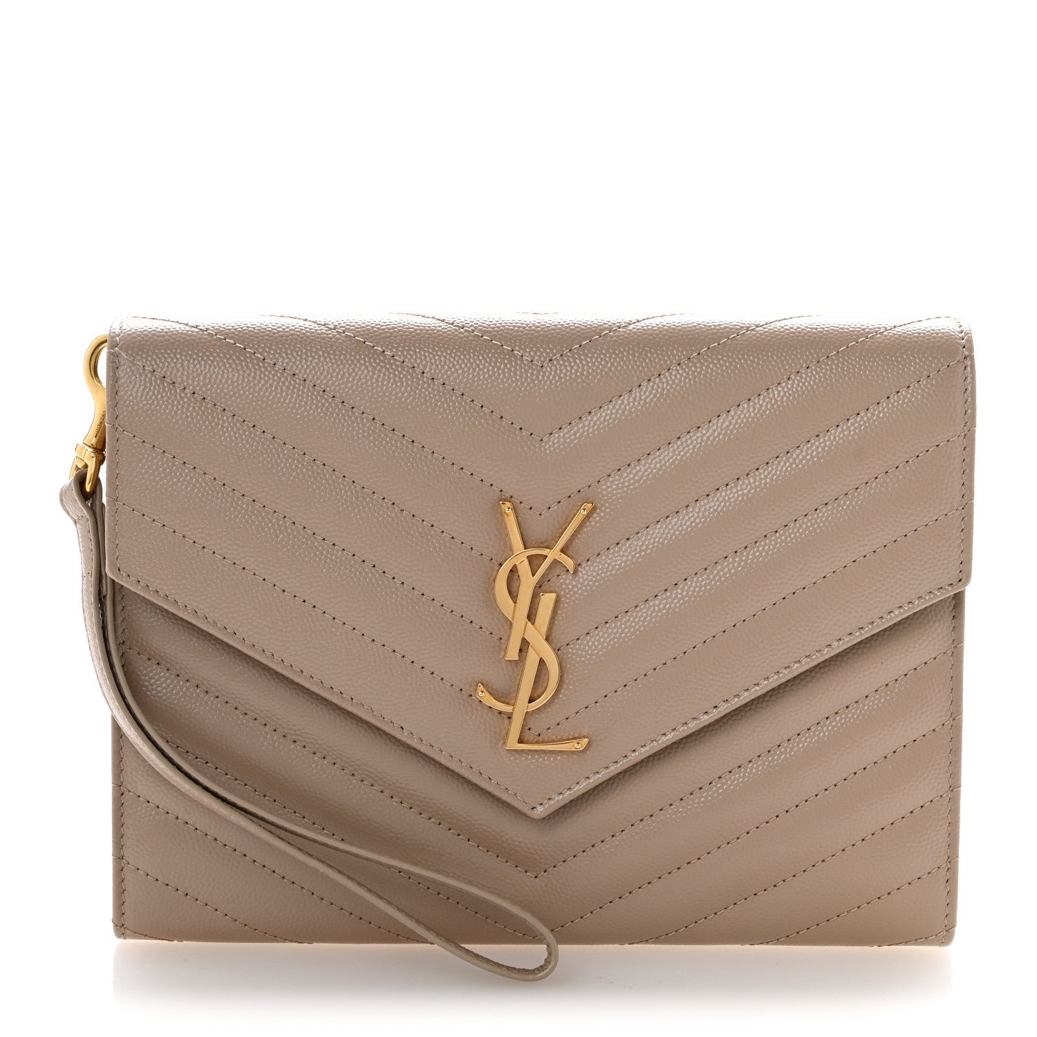 Saint Laurent Grain De Poudre Matelasse Chevron Monogram Envelope Clutch Dark Beige