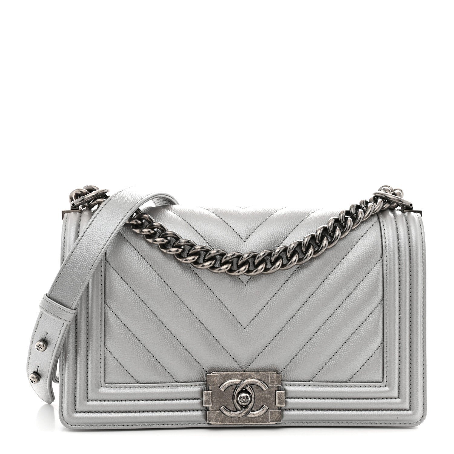 Chanel Metallic Caviar Chevron Quilted Medium Boy Flap Silver