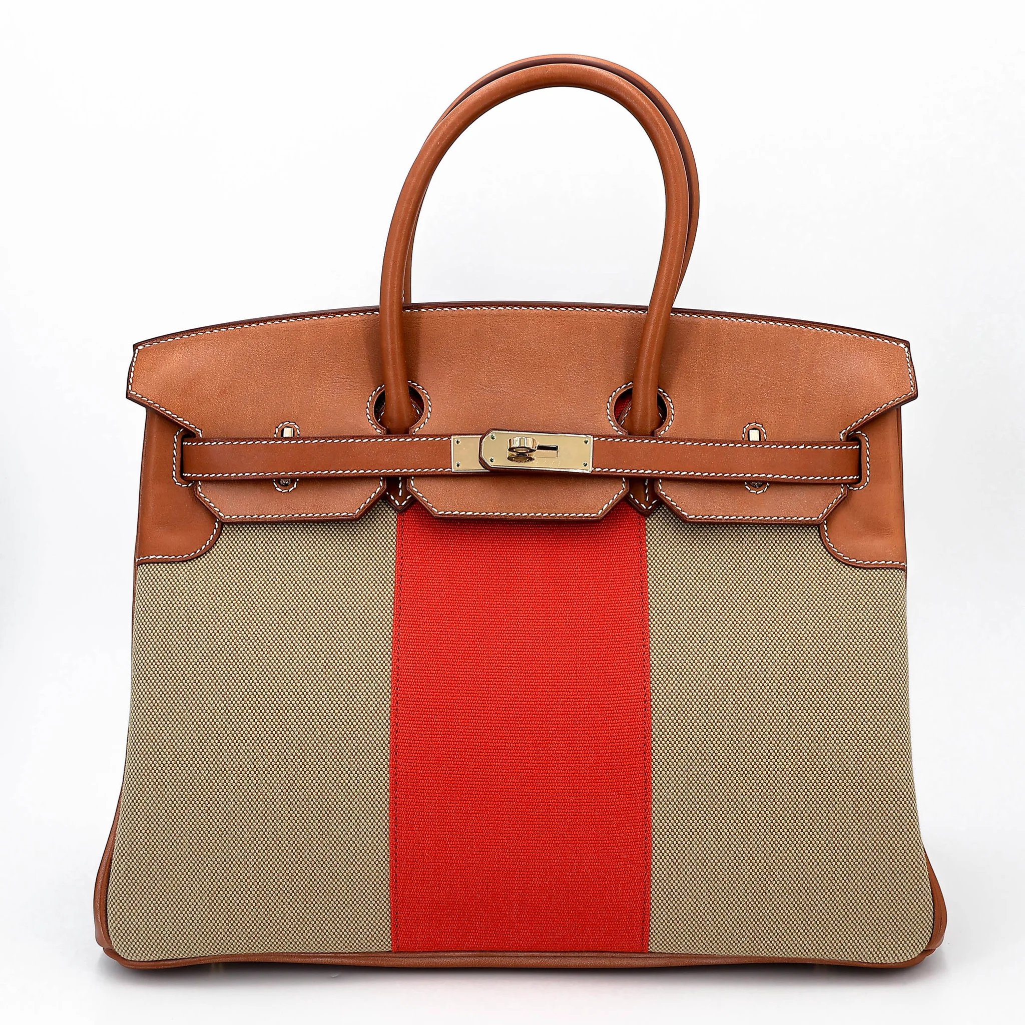 Excellent ( Rank SA ) HERMÈS Limited Edition Birkin 35 Flag Fauve (34) Barenia Toile H canvas Permabrass hardware Square R (2014)