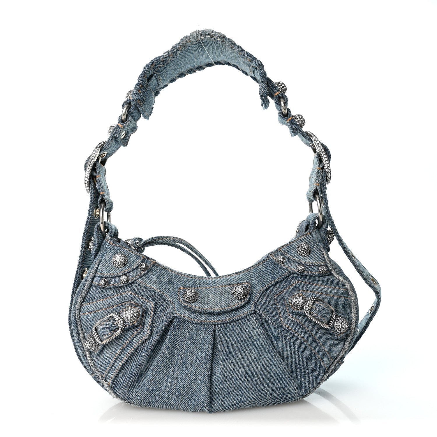 Washed Frayed Denim Crystal Le Cagole Shoulder Bag XS Blue