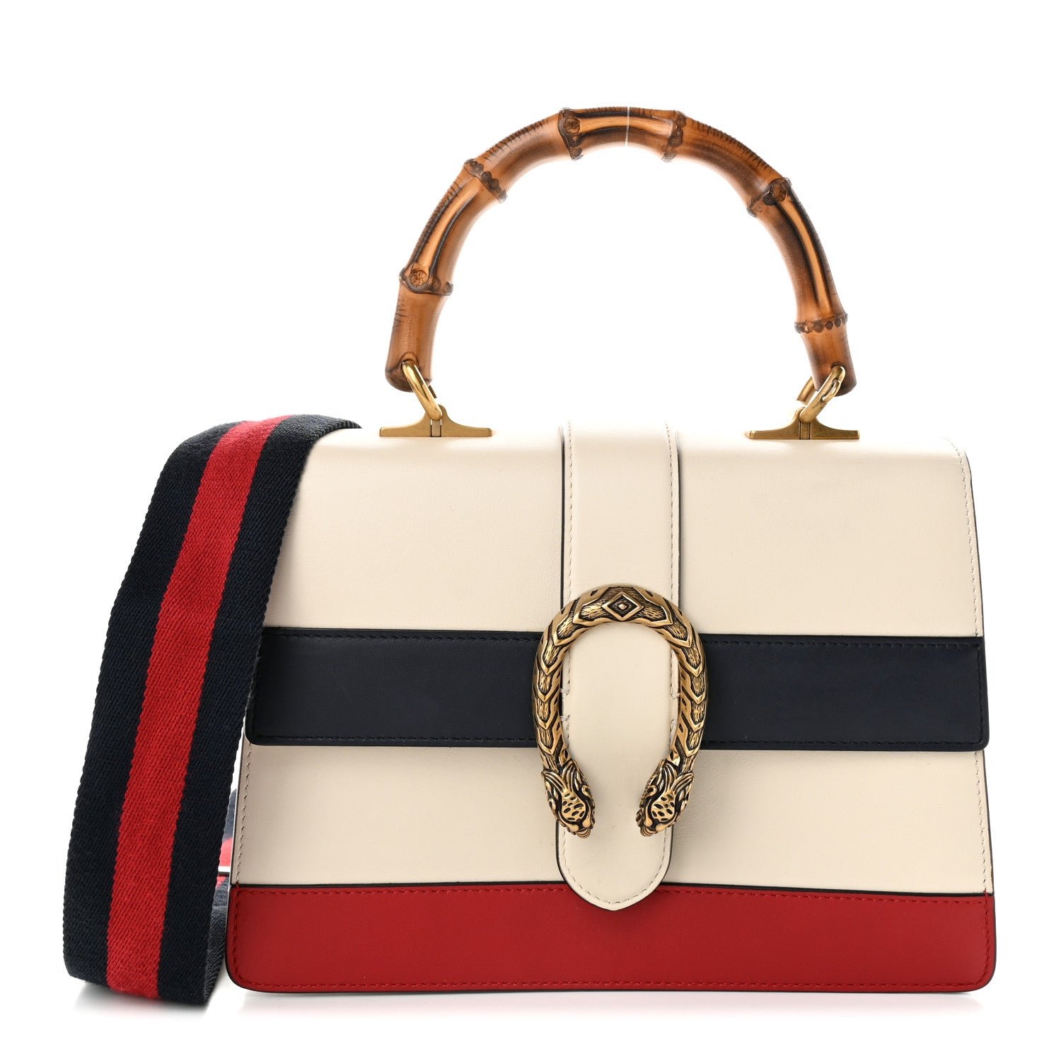 Gucci Calfskin Bamboo Web Medium Dionysus Top Handle Bag White Blue Hibiscus Red
