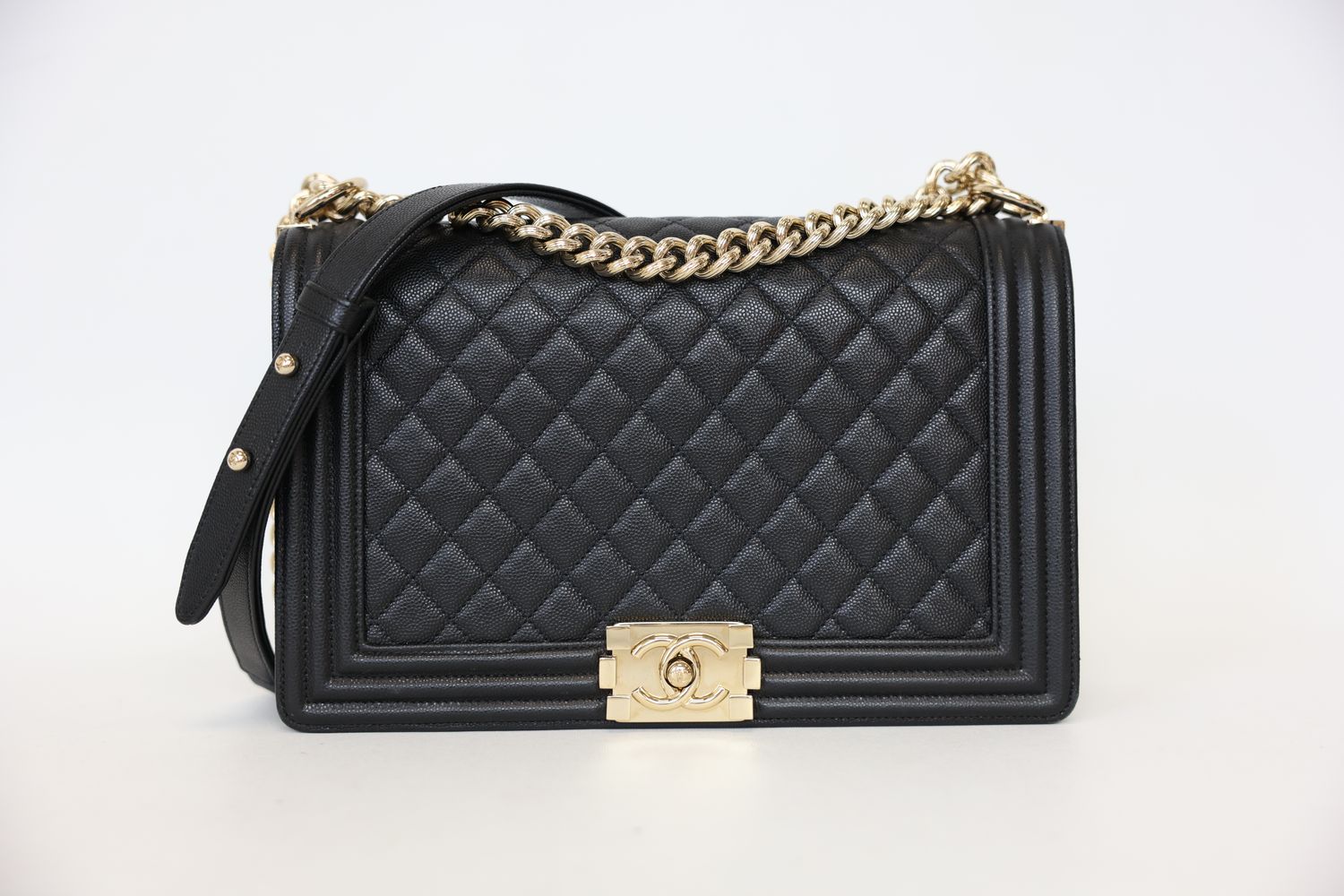 Chanel Boy Large Handbag, Black Caviar Leather and Gold Hardware, Preowned in Box WA001