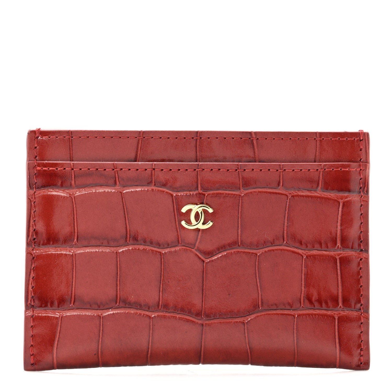 Chanel Calfskin Crocodile Embossed Crococo Card Holder Burgundy