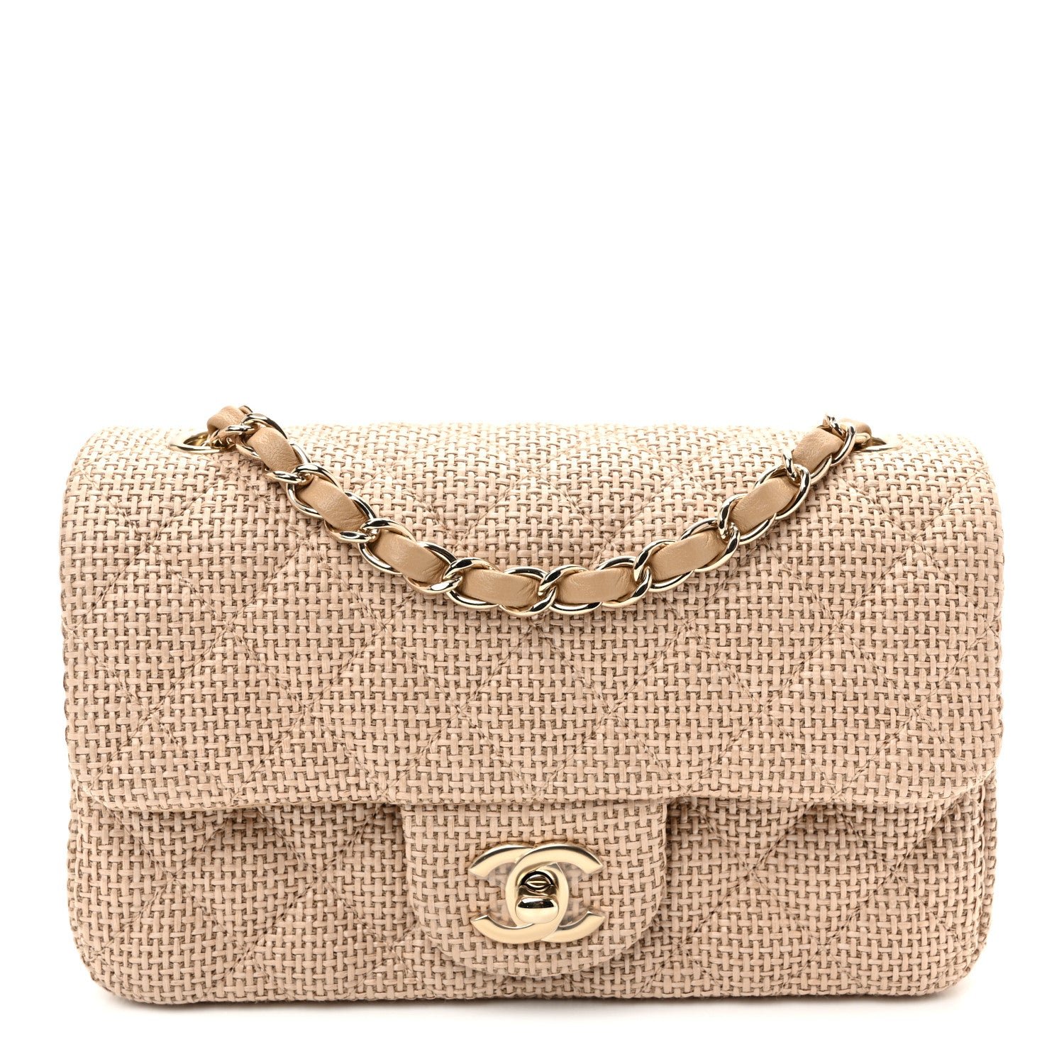 Chanel Braided Raffia Quilted Mini Rectangular Flap Dark Beige