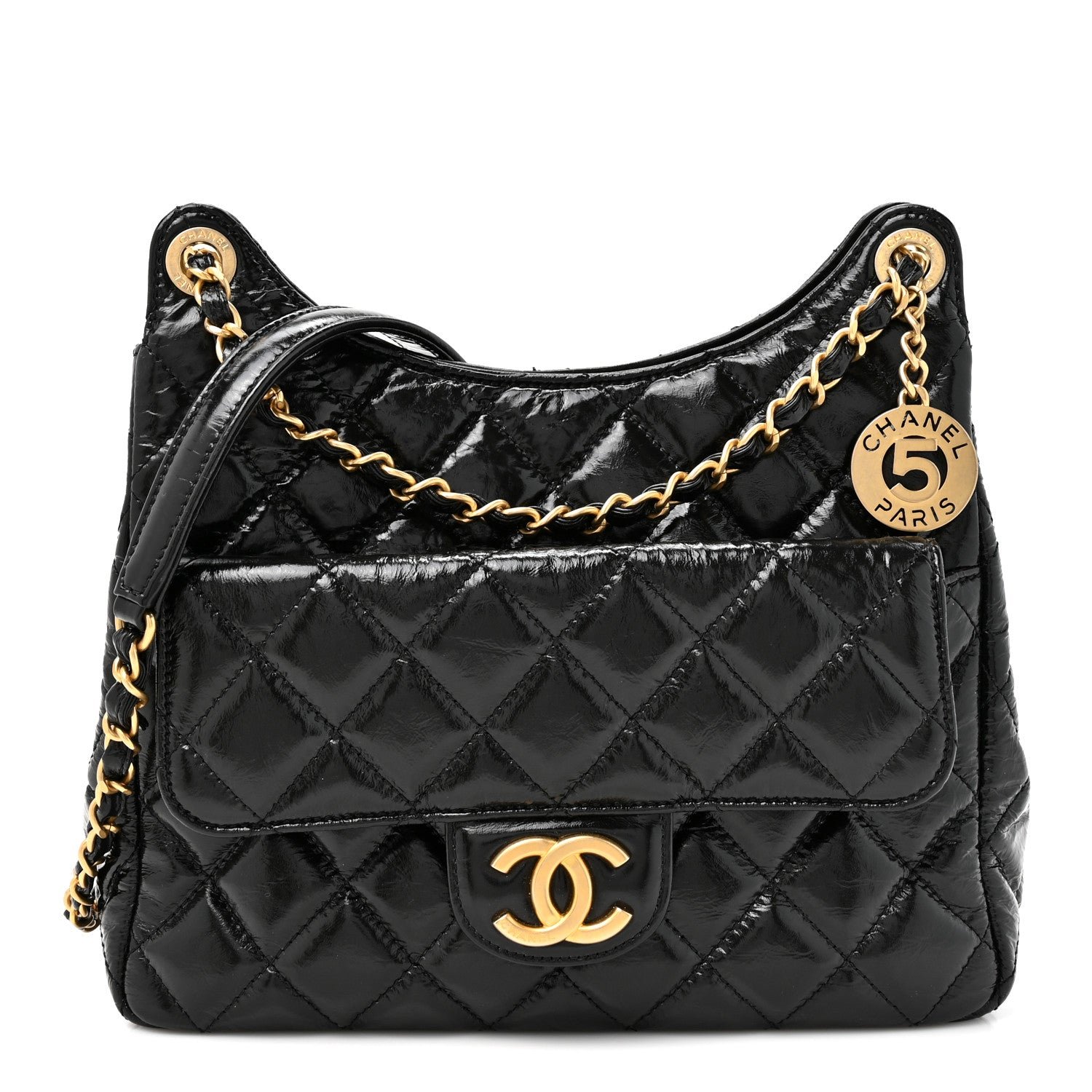 Chanel Shiny Crumpled Calfskin Quilted Wavy CC Hobo Black