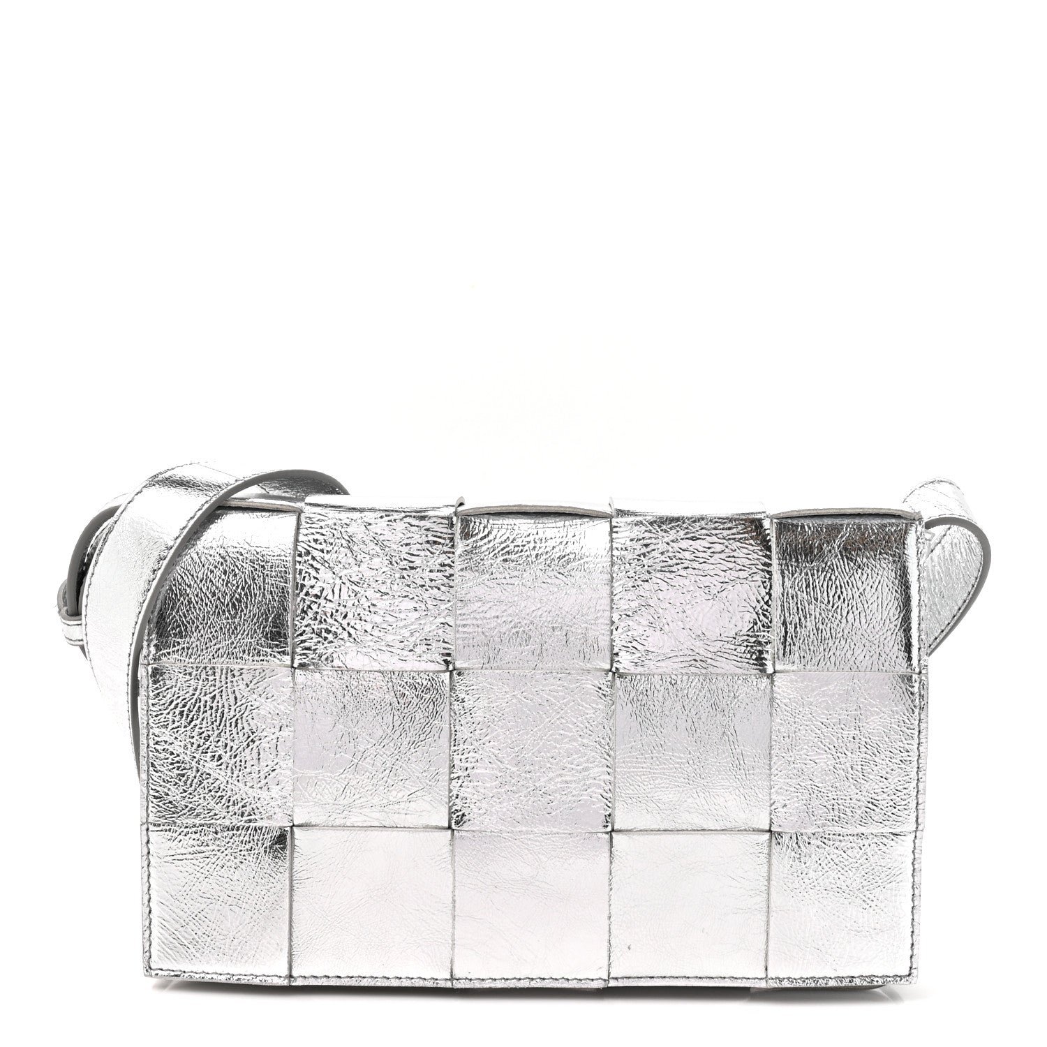 Bottega Veneta Metallic Lambskin Maxi Intrecciato Cassette Crossbody Bag Silver