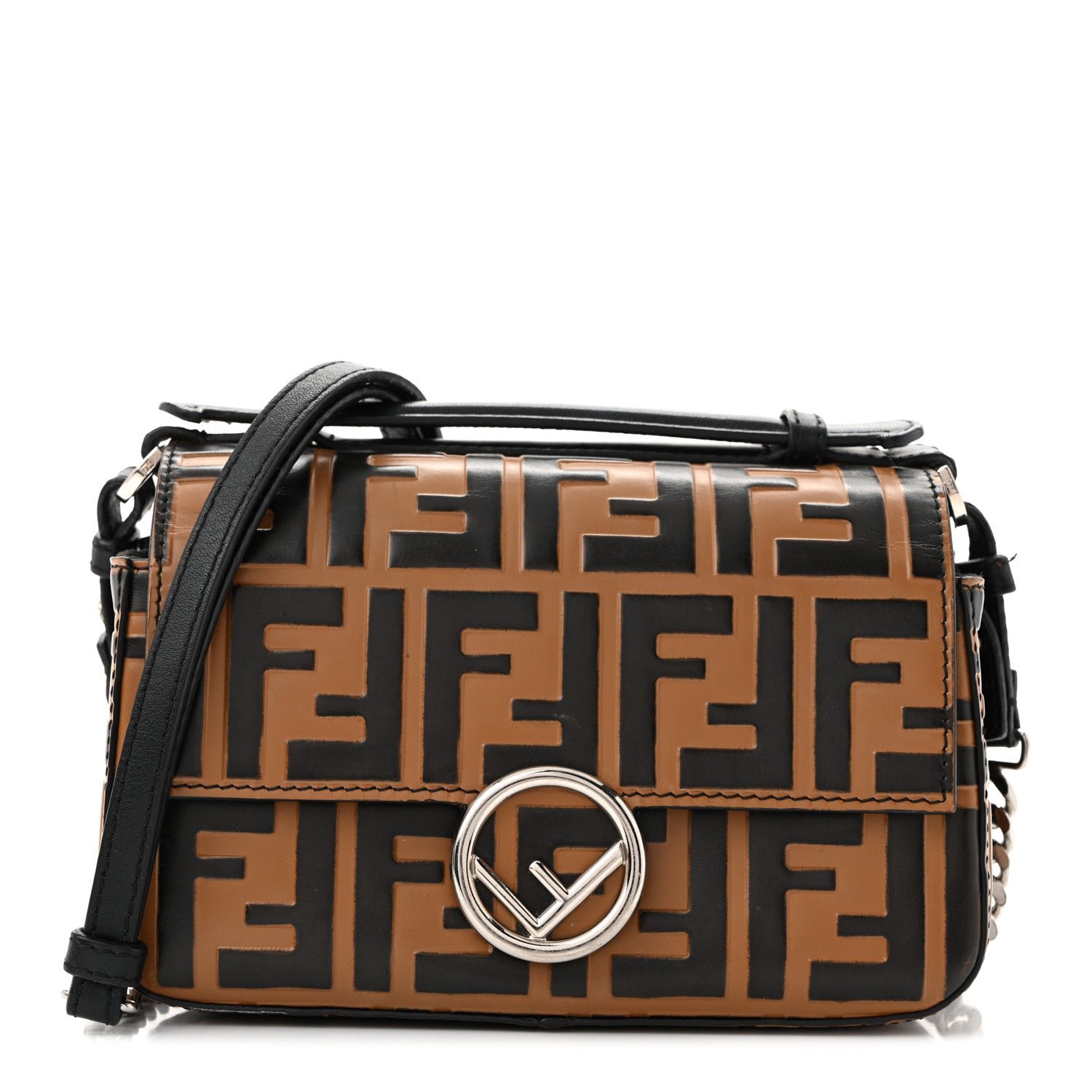 Fendi Vitello Dolce F is Fendi FF Embossed Micro Double Baguette Tobacco Black