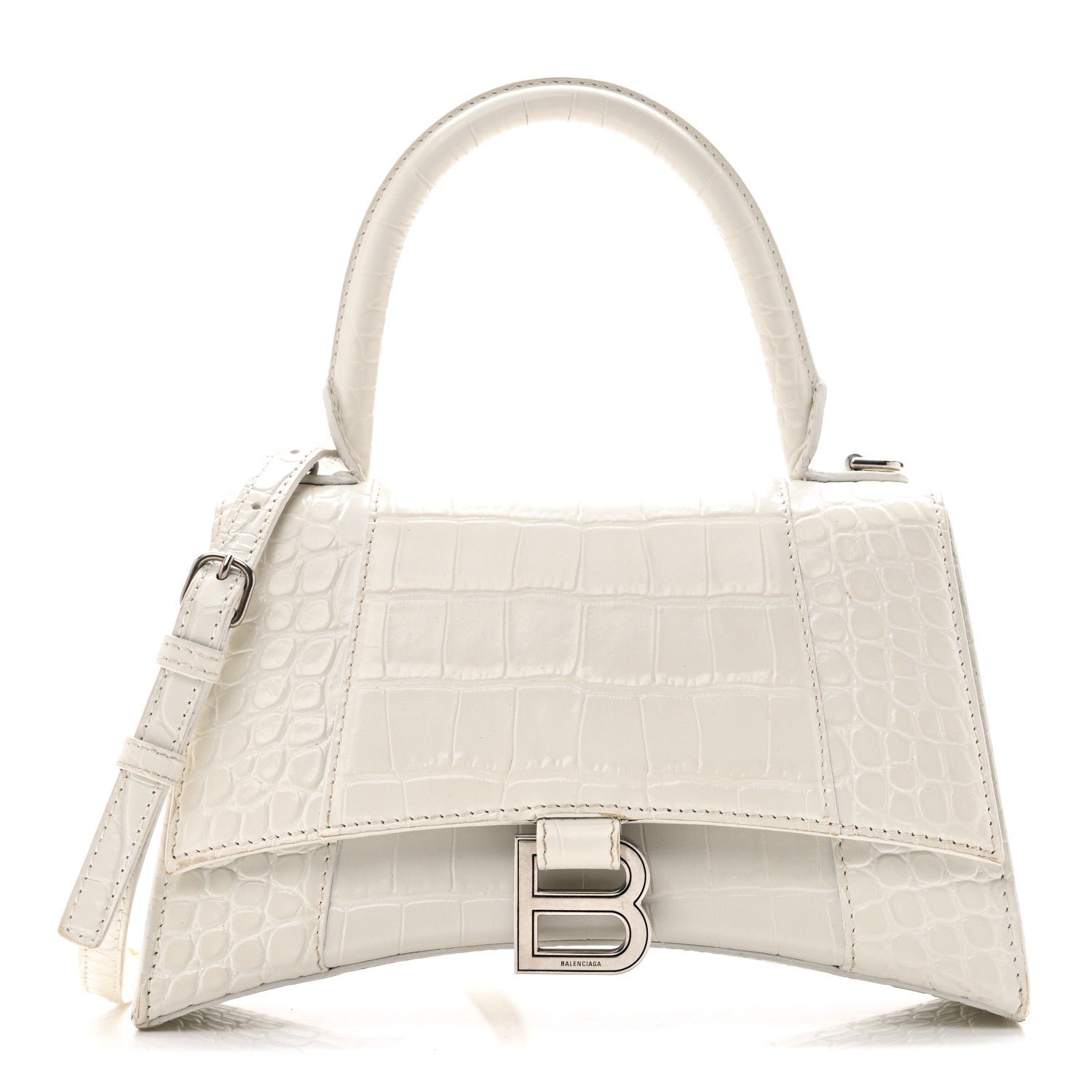 Balenciaga Calfskin Crocodile Embossed Small Hourglass Top Handle Bag White White