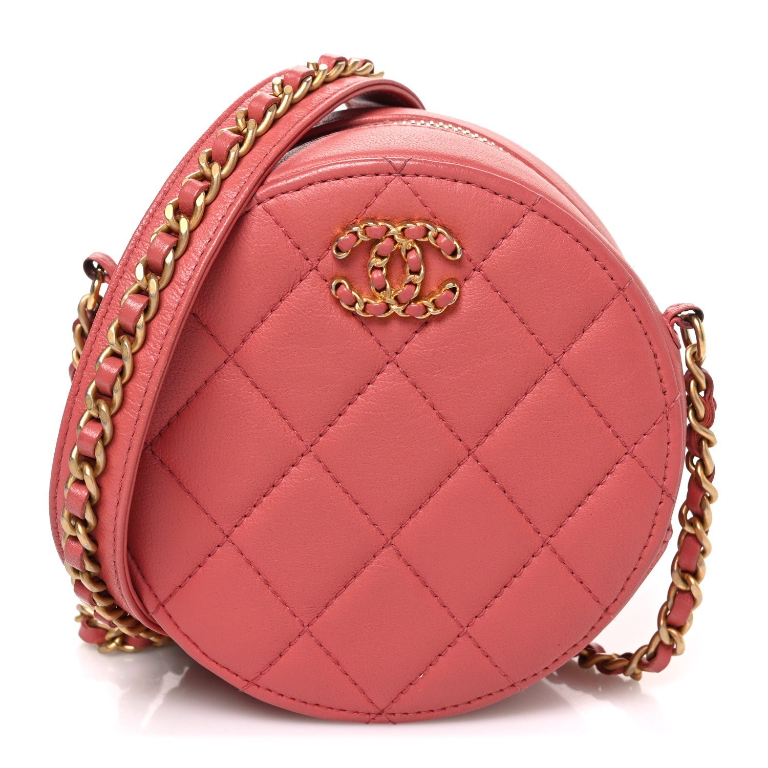 Chanel Goatskin Quilted Chanel 19 Round Clutch With Chain  Coral