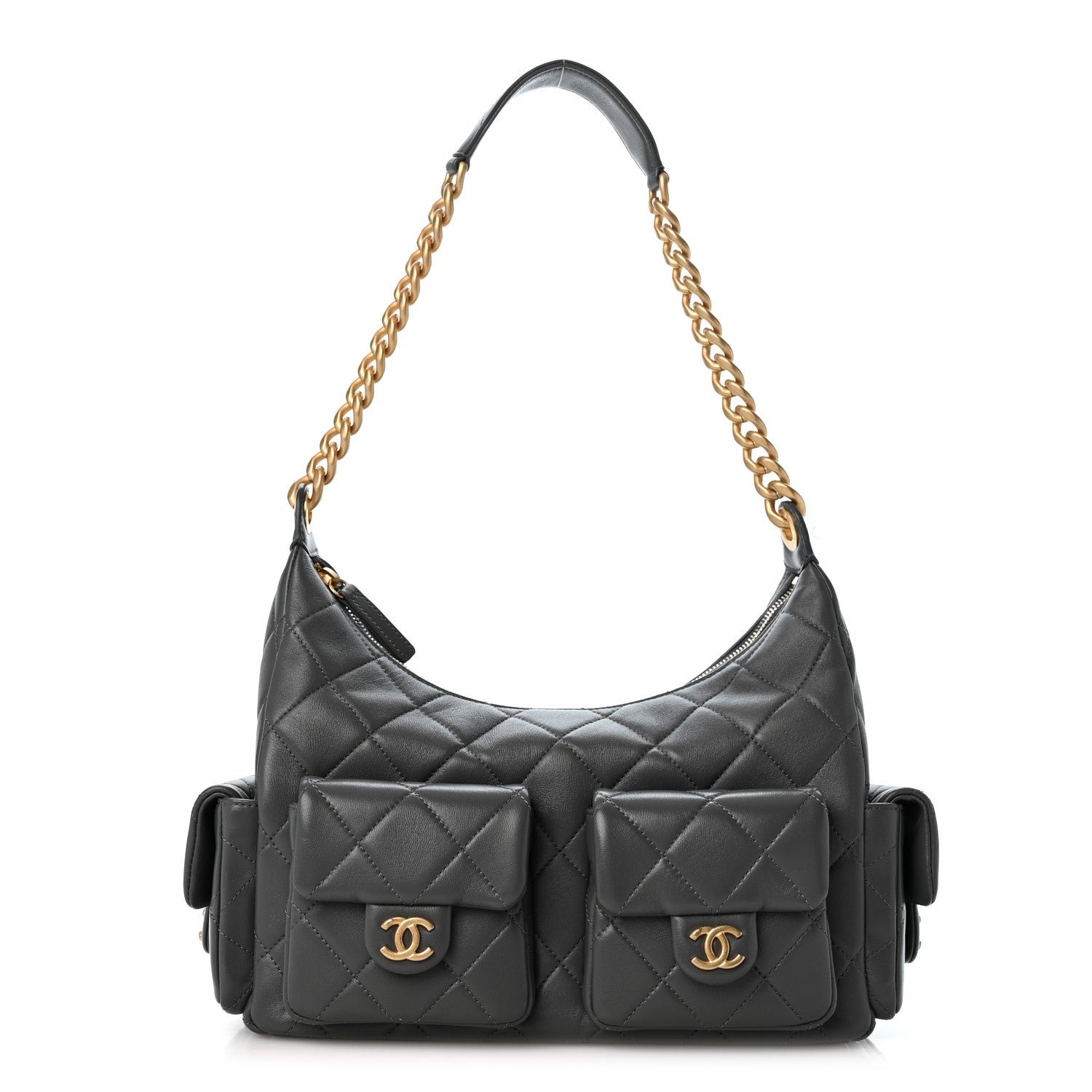Chanel Shiny Lambskin Quilted Trendy Pockets Hobo Dark Grey