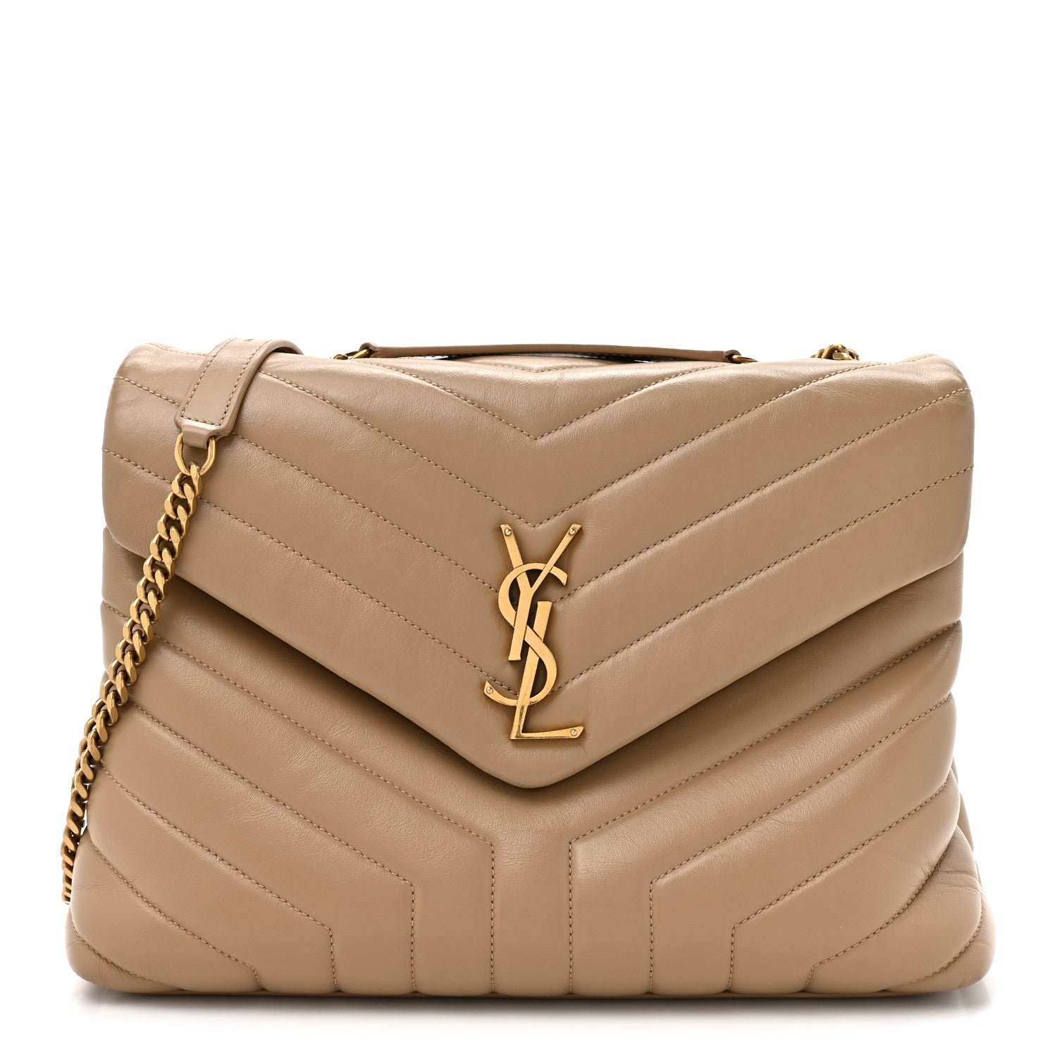 Saint Laurent Calfskin Y Quilted Monogram Medium Loulou Chain Satchel Dark Beige