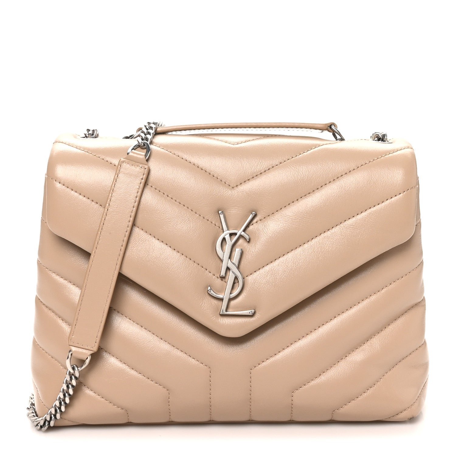 Saint Laurent Calfskin Y Quilted Monogram Small Loulou Chain Satchel Dark Beige